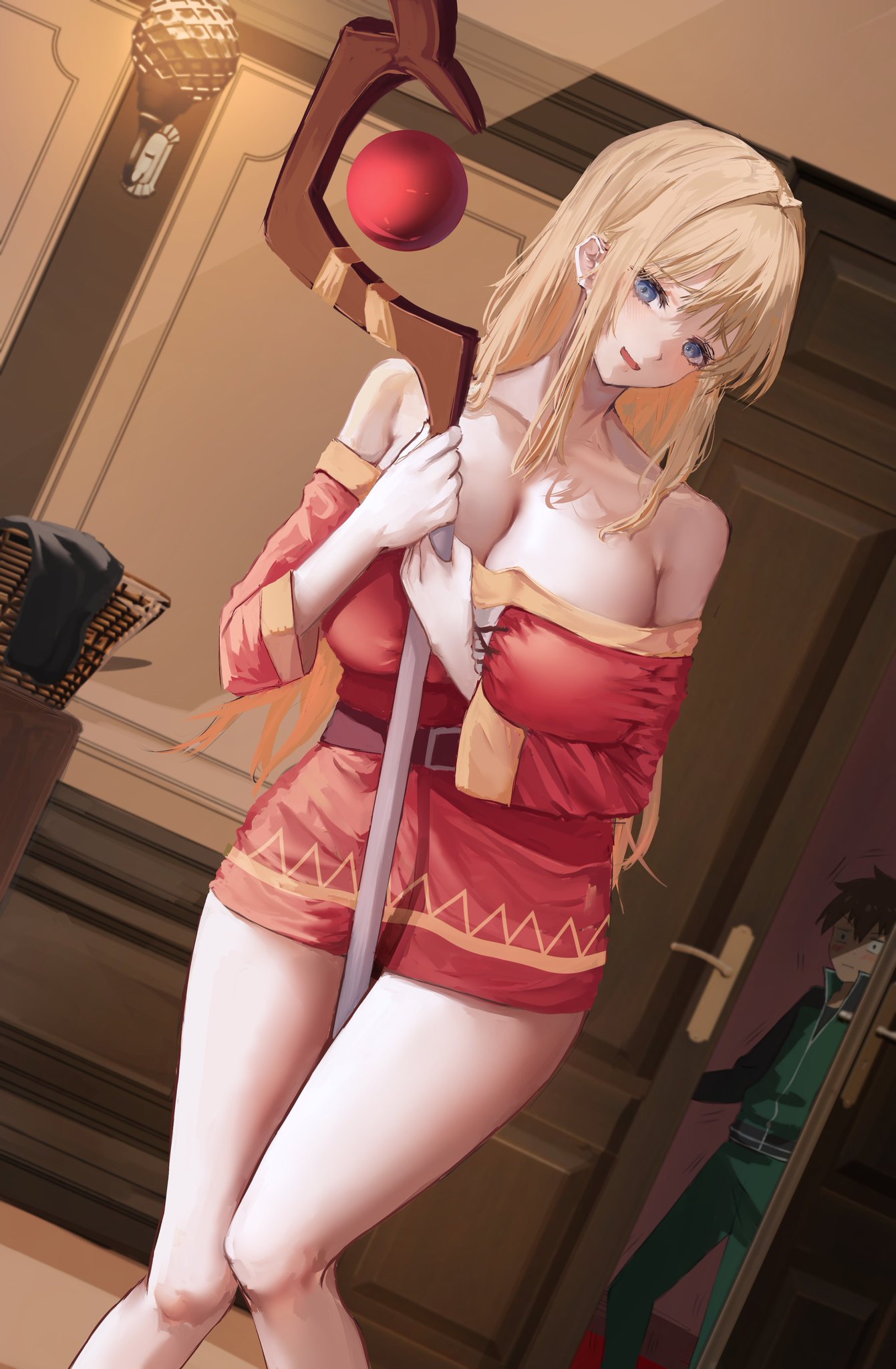 1girls blonde_female blonde_hair cosplay darkness_(konosuba) kono_subarashii_sekai_ni_shukufuku_wo! light-skinned_female light_skin megumin_(cosplay) satou_kazuma staff