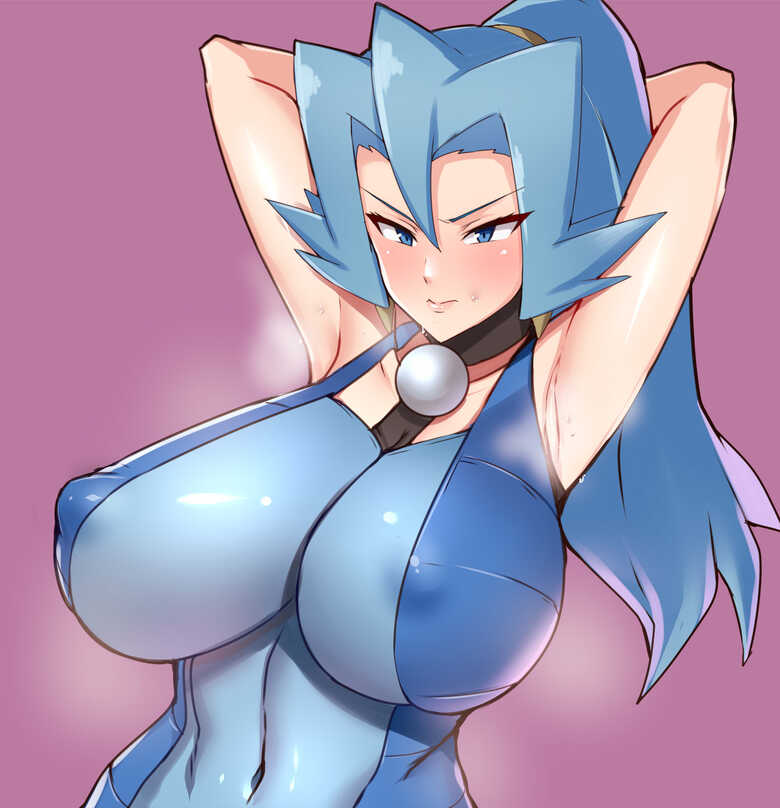 blue_eyes blue_hair breasts clair_(pokemon) erect_nipples gym_leader harunori_oogami large_breasts nipples nipples_visible_through_clothing pokemon pokemon_gsc pokemon_hgss tagme