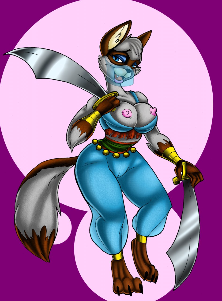 anthro anthro_only belly_dancer big_breasts breasts clothed clothing feline fur furry gold half-dressed jewels nipples popesslodovica pussy scimitar siamese siamese_cat_guard_(character) sly_cooper sly_cooper_(series) smooth_fur sword weapon wide_hips