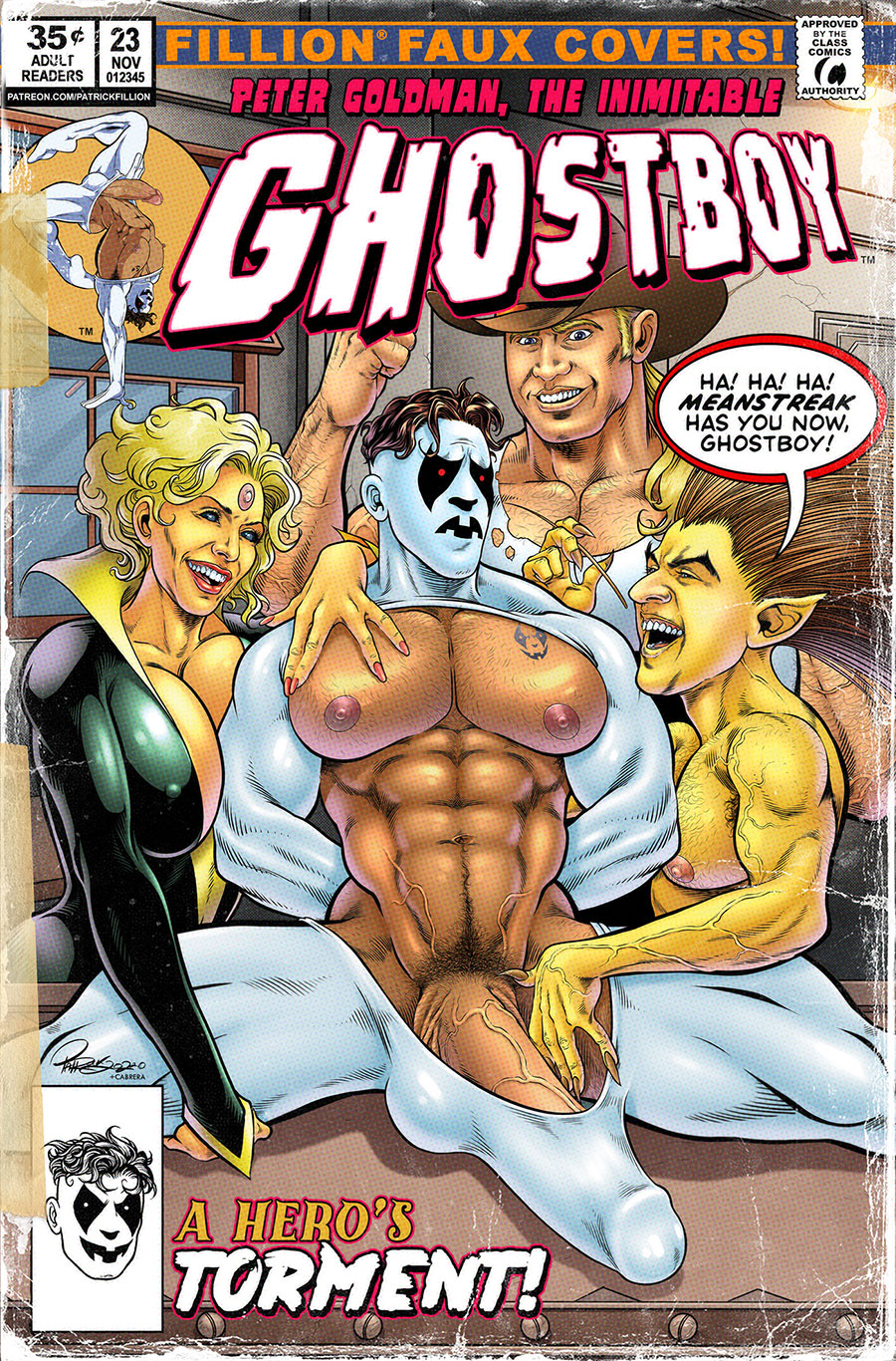 1girls 3boys 3boys1girl big_breasts big_penis bulge_through_clothing captured captured_hero comic comic_cover female female ghostboy_(class_comics) huge_cock male meanstreak patrick_fillion questionable_consent veiny_penis