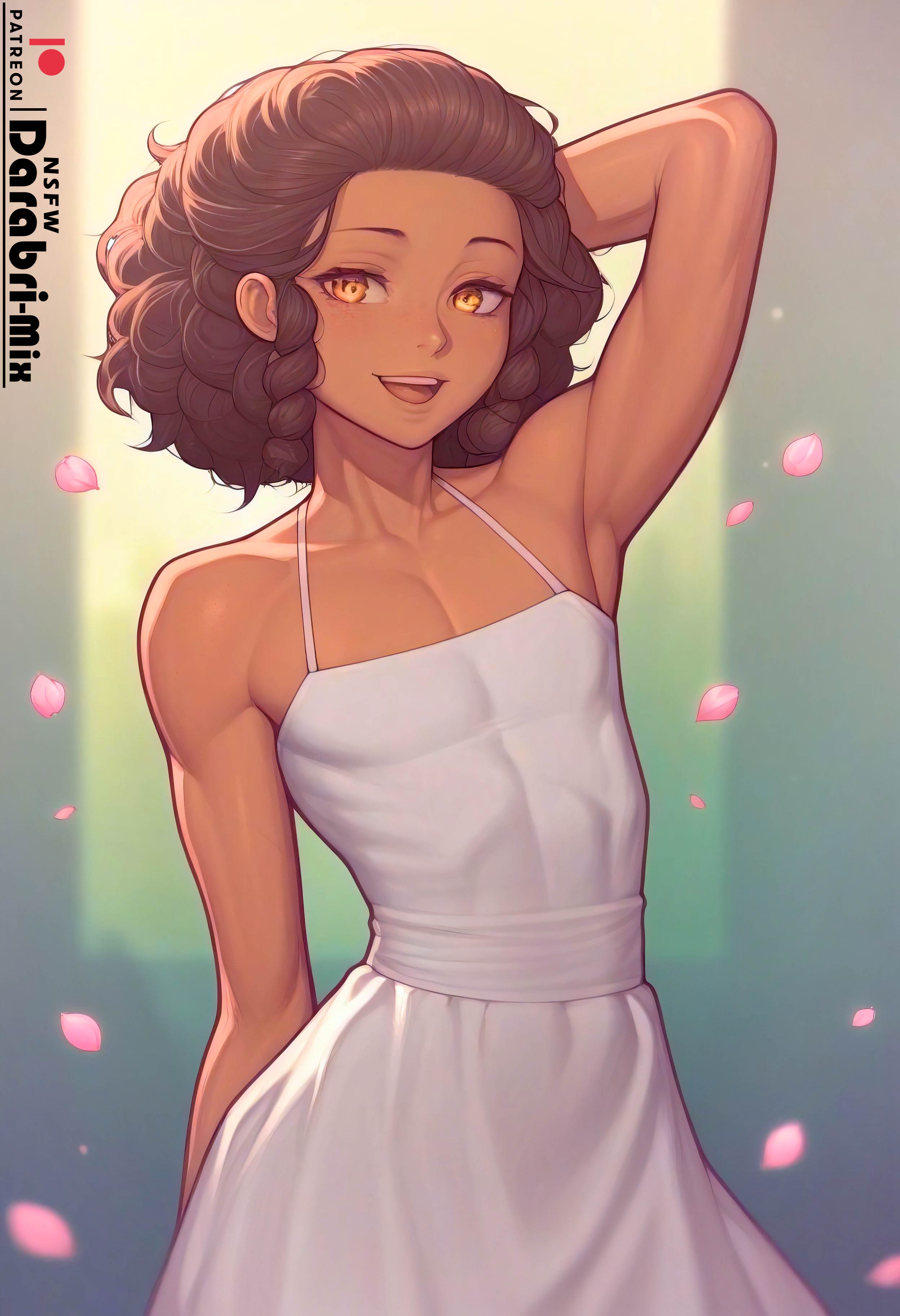 1boy, abstract background, ai generated, armpits, arms up, atmospheric, blush, brown skin, collarbone, curly hair, cute, darabri-mix, dark skin, dark-skinned femboy, dark-skinned male, dark-skinned sissy, femboy, feminine male, flat chest, flat chested, gay, girly, male, muscular, muscular male, open mouth, open smile, otoko no ko, outdoors, petals, sundress, tanned, toned, trap, white dress, yaoi, yellow eyes