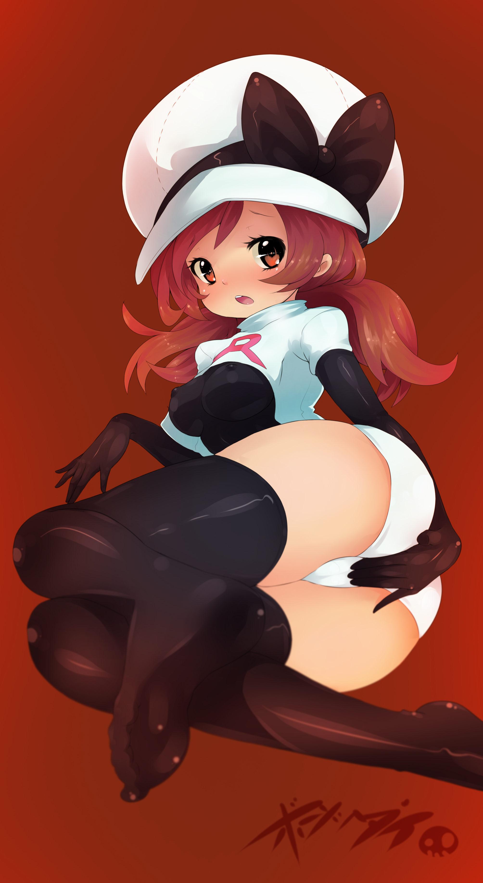 ass, black legwear, blush, born-to-die, breasts, brown eyes, brown hair, elbow gloves, enemy conversion, erect nipples, female, gloves, hat, highres, looking at viewer, lyra (pokemon), nintendo, nipples, pokemon, pokemon hgss, solo, team rocket, team rocket (cosplay), team rocket uniform, thighhighs, underwear, uniform