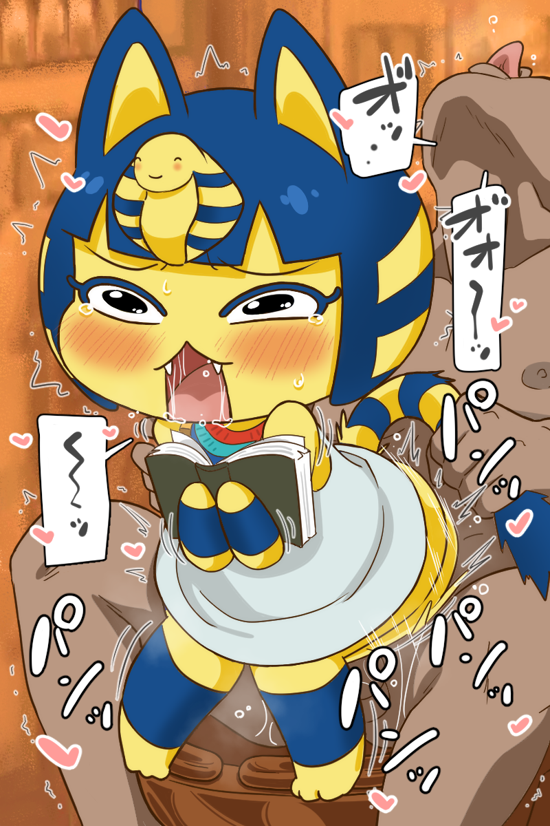 2d 2d_(artwork) 2d_artwork animal_crossing ankha ankha_(animal_crossing) blue_hair blush blush_lines bob_cut bodily_fluids book clothing digital_art digital_drawing digital_drawing_(artwork) digital_media digital_media_(artwork) digital_painting_(artwork) domestic_cat dress duo fangs felid feline felis female fur genitals hair heart_symbol hi_res high_resolution highres human ketsumoa male male/female mammal nintendo nipples on_model penetration penis saliva sex tears teeth uraeus vaginal_penetration yellow_body yellow_fur