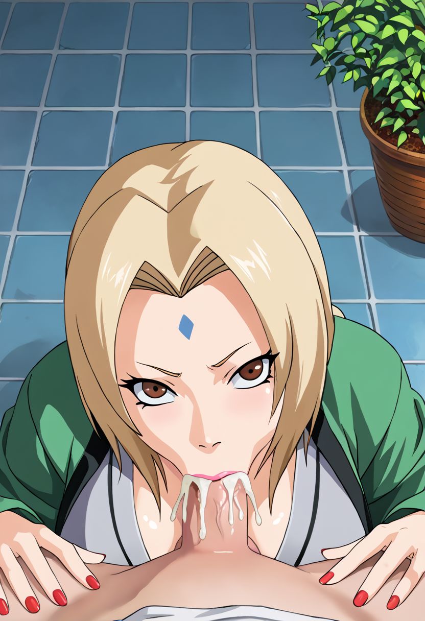 ai generated, big breasts, blonde hair, blowjob, breasts, brown eyes, female, large breasts, male, naruto, naruto (series), naruto shippuden, penis, pov, pov blowjob, standing, tsunade