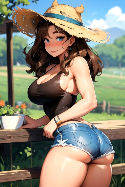 ai_generated ass bending_over bent_over big_ass big_breasts big_butt blue_eyes blush blush booty_shorts brown_hair cleavage country_girl horns horny_female looking_at_viewer looking_back original original_character perfect_body smile smiling smiling_at_viewer tank_top thick thick_ass thick_thighs thighs wavy_hair