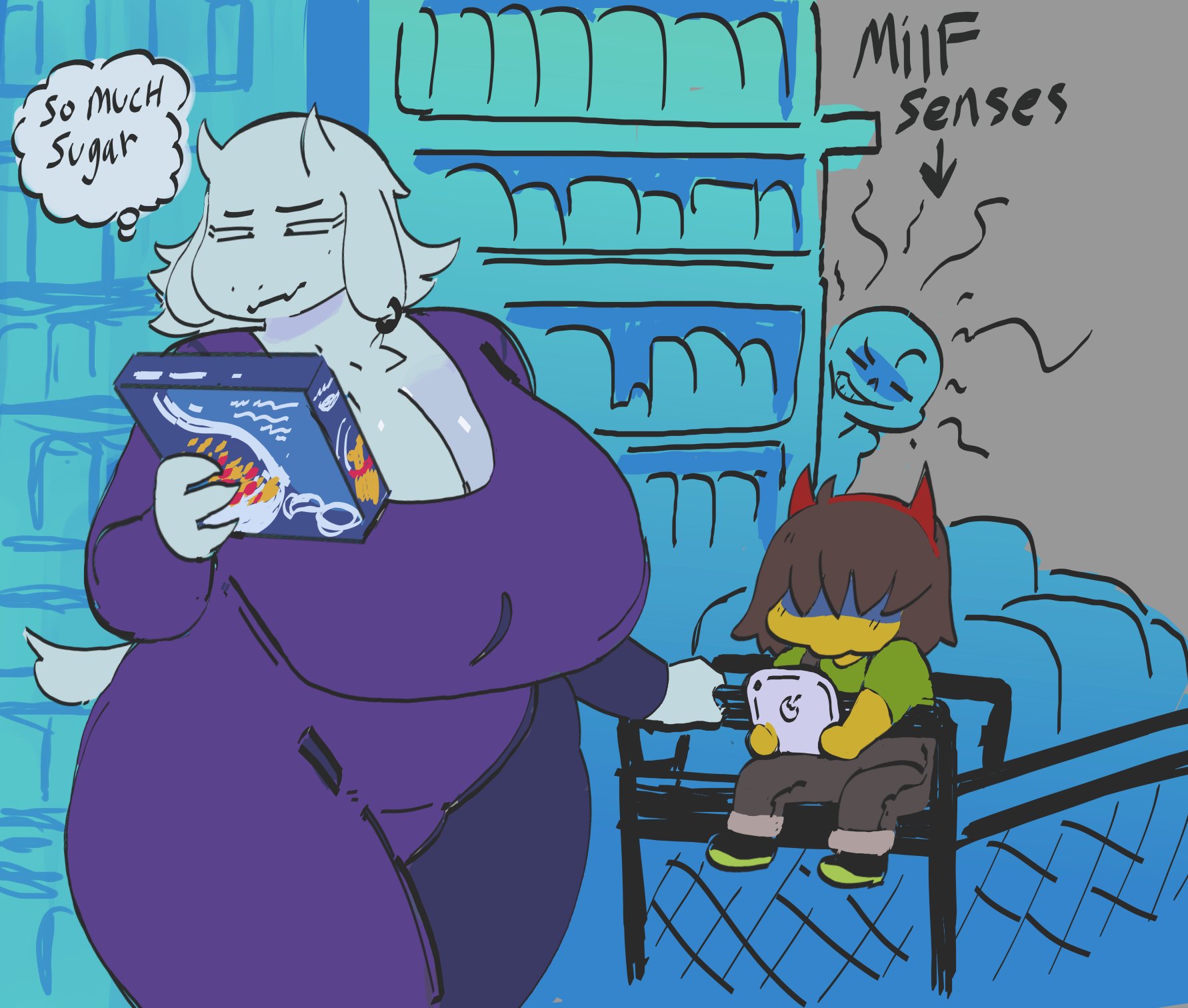 ass, big ass, big breasts, breasts, bubble ass, bubble butt, cleavage, deltarune, female, furry, huge ass, huge breasts, kris (deltarune), milf, milf senses, mooncheez3, sans, sans (deltarune), shopping, shopping cart, thick thighs, toriel, toriel (deltarune), toriel (mooncheez3), undertale, wide hips