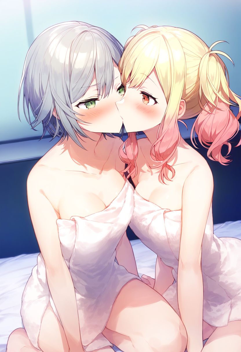 2girls ai_generated ass bed bedroom blonde_hair blush blush breasts breasts breasts completely_naked_female completely_nude completely_nude_female gradient_hair gray_hair green_eyes high_resolution highres hinomori_shiho kissing kissing legs looking_at_partner medium_breasts naked on_bed pink_eyes pink_hair project_sekai sitting sitting_on_bed tenma_saki thighs towel towel_only uncensored yuri