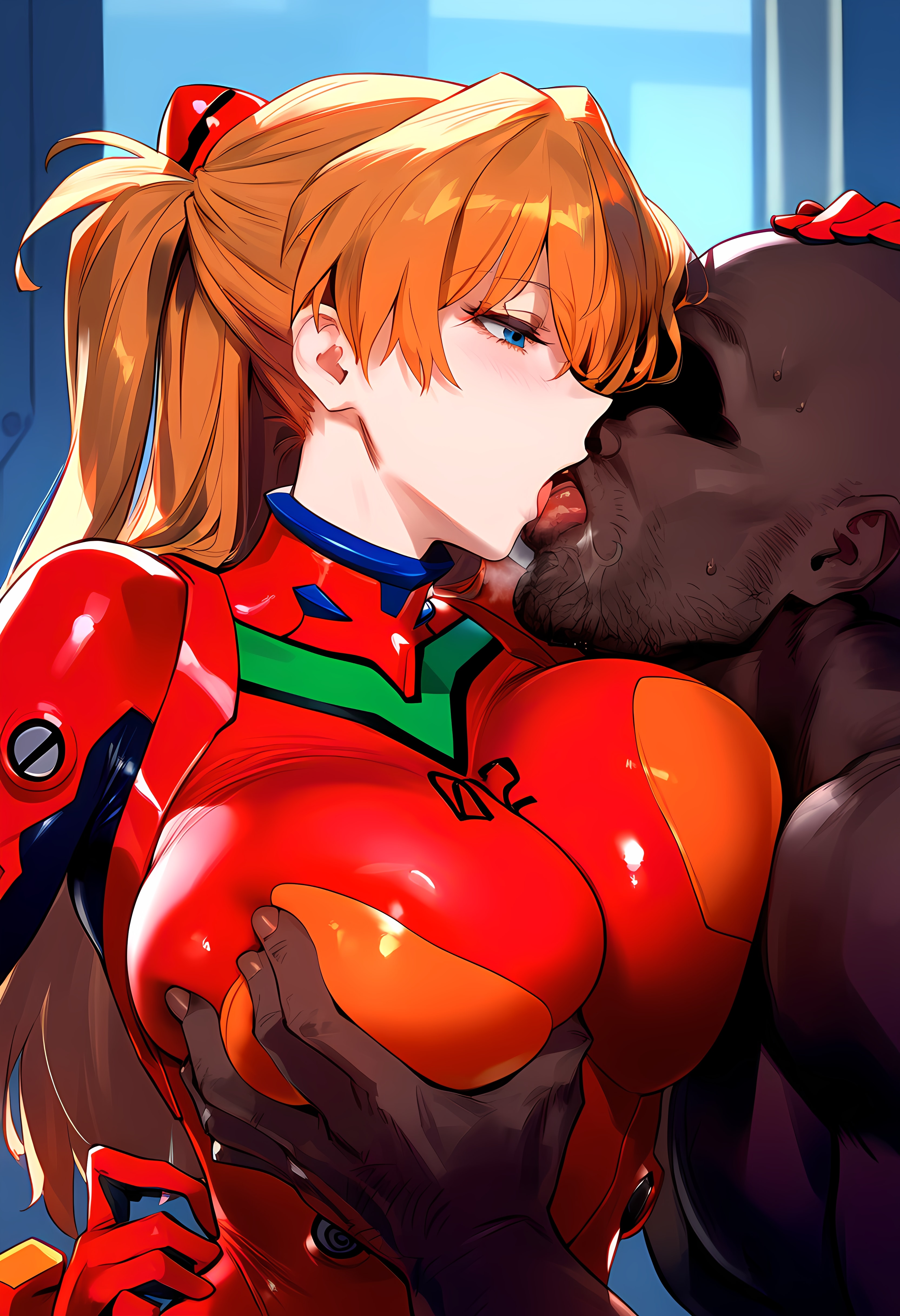 1boy, 1girls, ai generated, asuka langley sohryu, bald, bangs, beard, blue eyes, blush, bodysuit, breast grab, breast press, breasts, brown hair, clothing, completely nude, curvaceous, curvaceous female, curvaceous figure, curvy, curvy figure, dark skin, dark-skinned male, erect nipples, female, female focus, french kiss, grabbing, groping, interface headset, interracial, kissing, large breasts, licking, light skin, light-skinned female, long hair, male, nakatori, neon genesis evangelion, nipples, nude, open mouth, orange hair, pilot suit, plugsuit, red bodysuit, red head, saliva, shiny, shiny hair, skin tight, straight, tongue, tongue out, voluptuous, voluptuous female