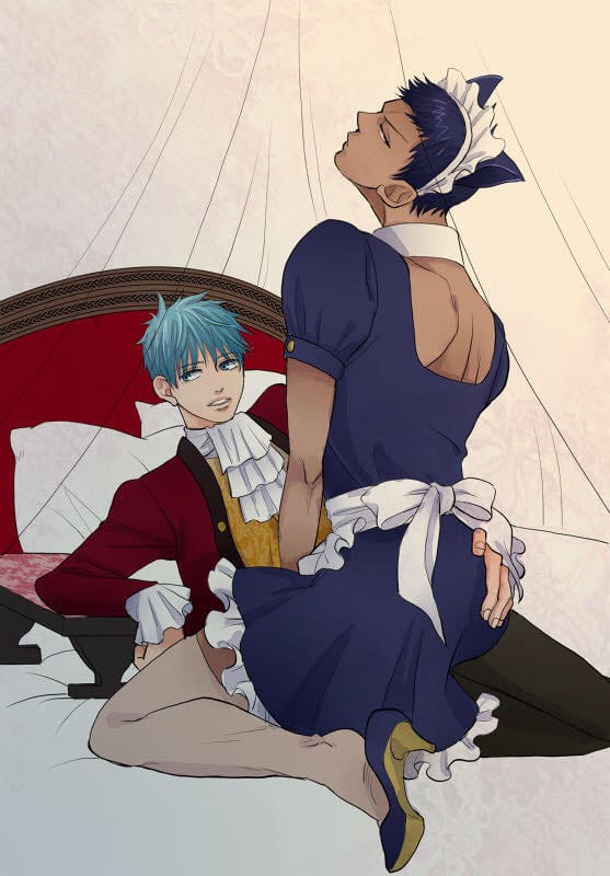 2boys aomine_daiki big_bottom_small_top bigger_bottom blue_hair cat_ears crossdressing daiki_aomine gay hand_on_ass high_heels kuroko's_basketball kuroko_no_basuke kuroko_tetsuya maid maid_apron maid_headdress maid_outfit male male/male male_maid on_bed power_bottom roleplay sitting_on_person smaller_top tan_skin yaoi