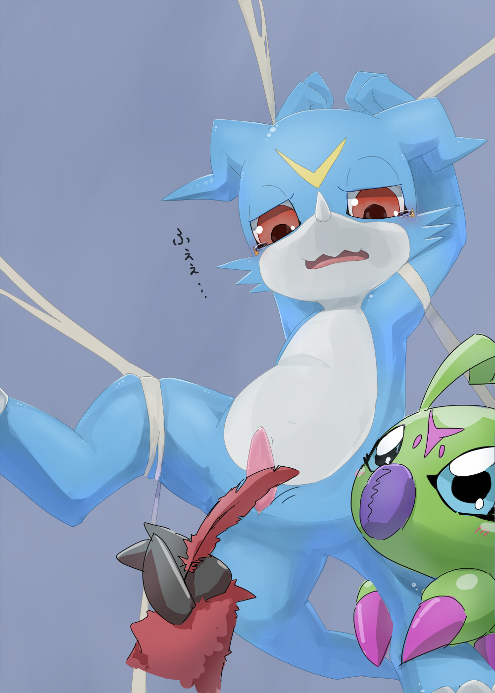 bondage bound digimon dragon feathers insects no_humans penis tears text translation_request veemon wormmon