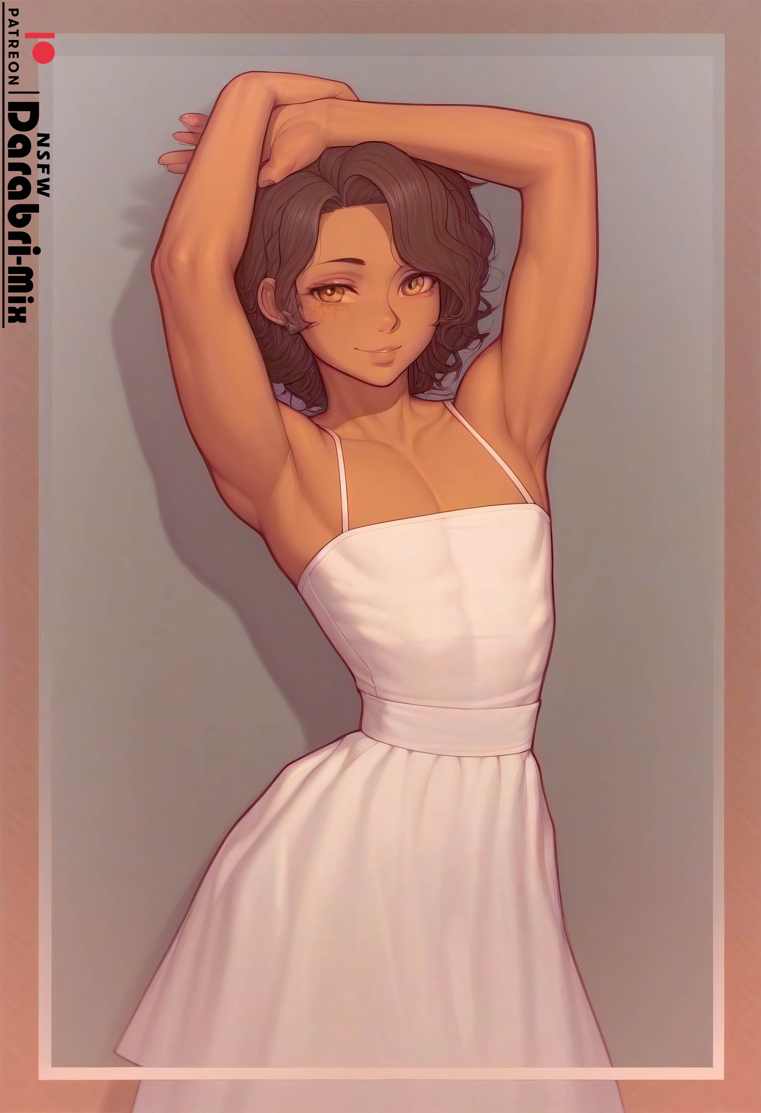 1boy, abstract background, ai generated, armpits, arms up, atmospheric, blush, brown skin, collarbone, curly hair, cute, darabri-mix, dark skin, dark-skinned femboy, dark-skinned male, dark-skinned sissy, femboy, feminine male, flat chest, flat chested, gay, girly, male, muscular, muscular male, open mouth, open smile, otoko no ko, outdoors, petals, sundress, tanned, toned, trap, white dress, yaoi, yellow eyes