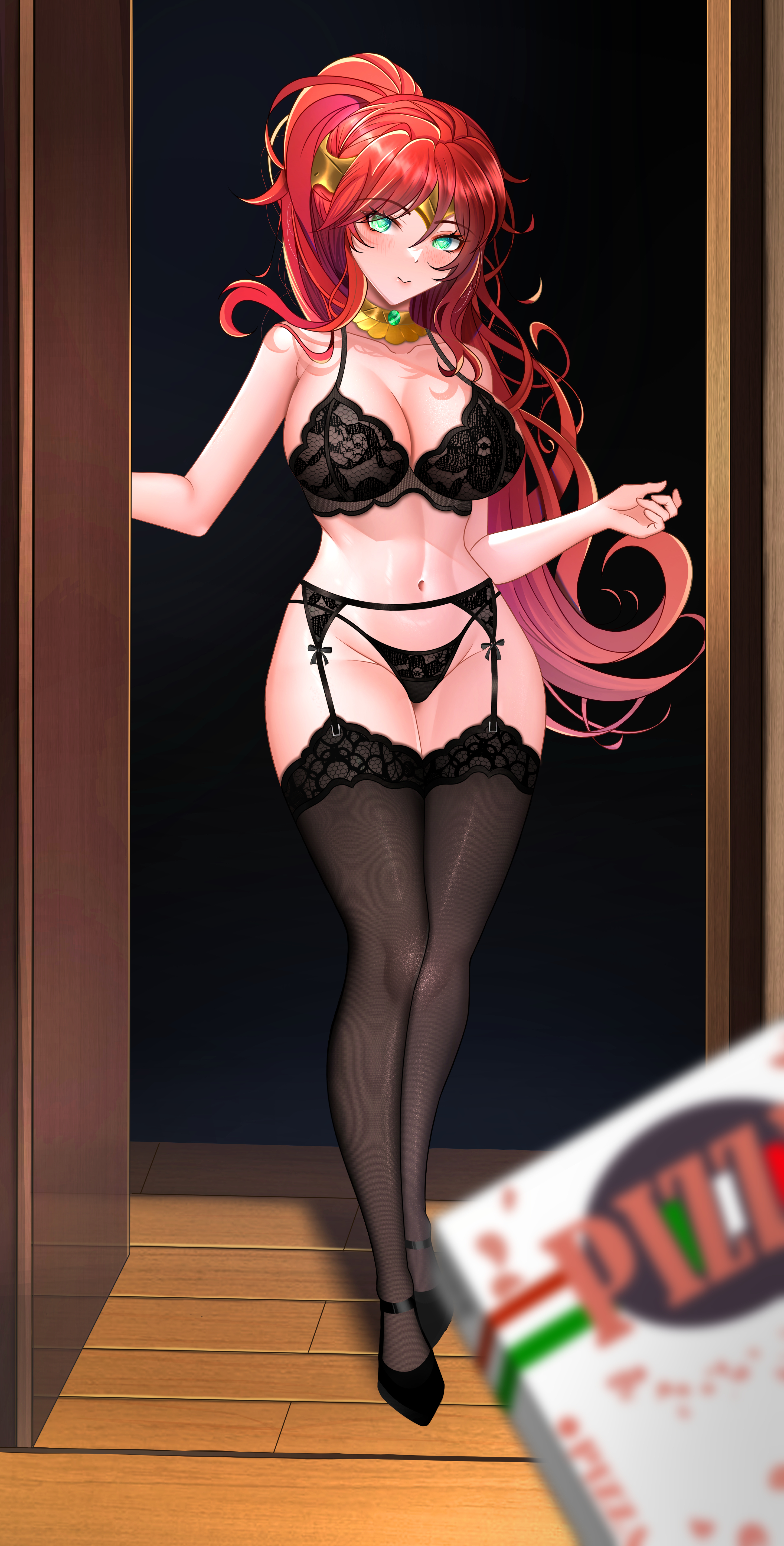 1girls, blue eyes, bra, female, female only, jewelry, lingerie, looking at viewer, panties, pizza, poteto, pyrrha nikos, red hair, rwby, smile, solo, tights
