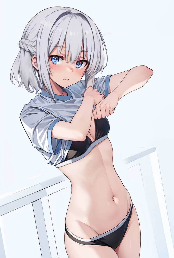 1girls ai_generated belly_button blue_eyes classroom_of_the_elite female petite_body removing_shirt sakayanagi_arisu sports_bra sportswear white_background white_hair white_room wsax