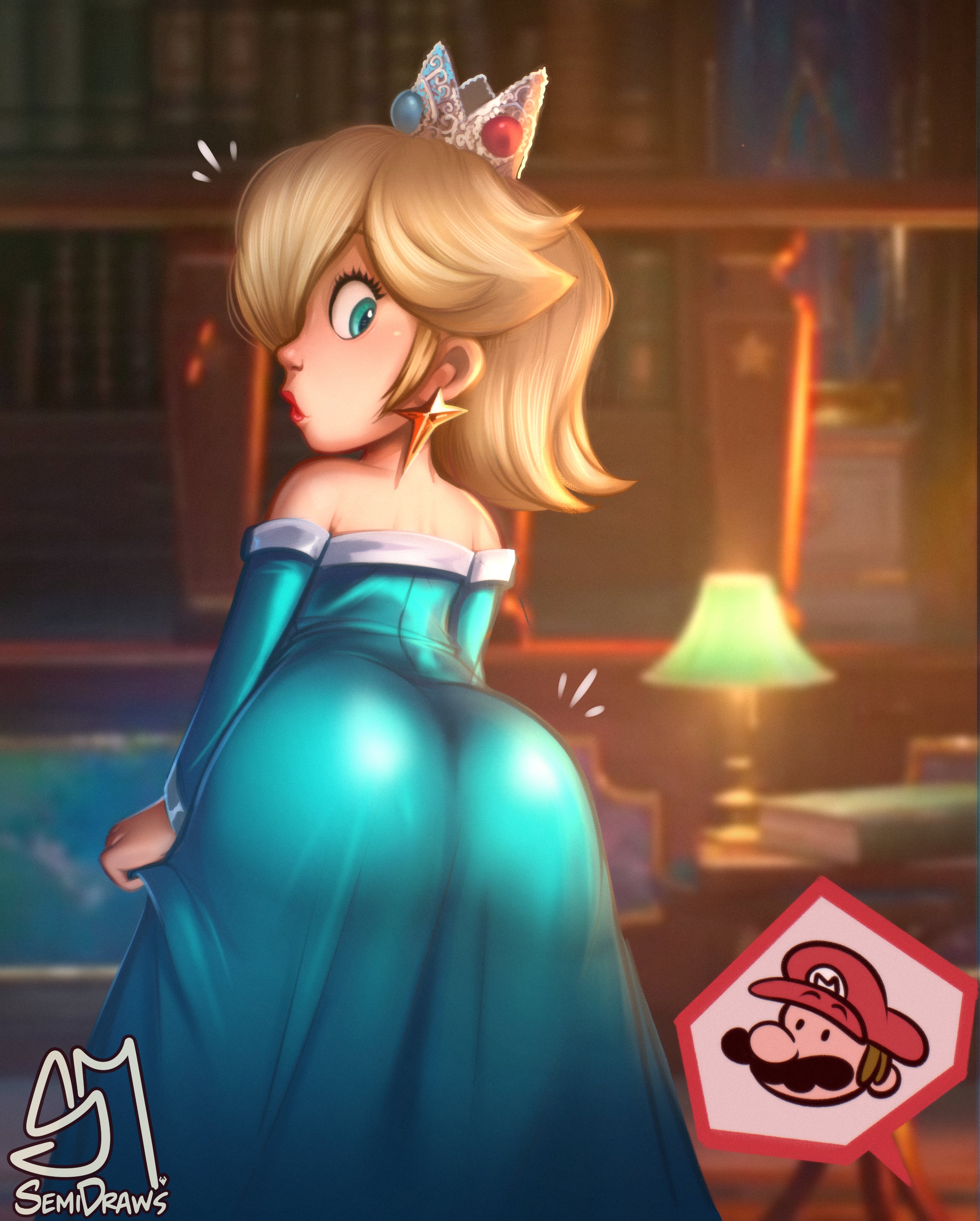 1girls, 2026, 2d, 2d (artwork), aqua dress, artist name, artist signature, ass, ass focus, ass in dress, bare shoulders, big ass, big butt, blonde hair, blue eyes, bookshelf, bottom heavy, bottom heavy female, bubble ass, bubble butt, butt, butt focus, crown, curvy, dat ass, dat butt, dress, earrings, female, female only, flying sweatdrops, from behind, fully clothed, gloves, hi res, high resolution, highres, huge ass, illumination entertainment, indoors, jewelry, lips, lipstick, long hair, looking at viewer, looking back, mario, mario (series), nintendo, princess rosalina, princess rosalina (movie), red lipstick, semidraws, solo, speedrunner mario, super mario galaxy (2026 film), thick, thick ass, thick butt, thick hips, thick thighs, tight clothing, tight dress, wide hips