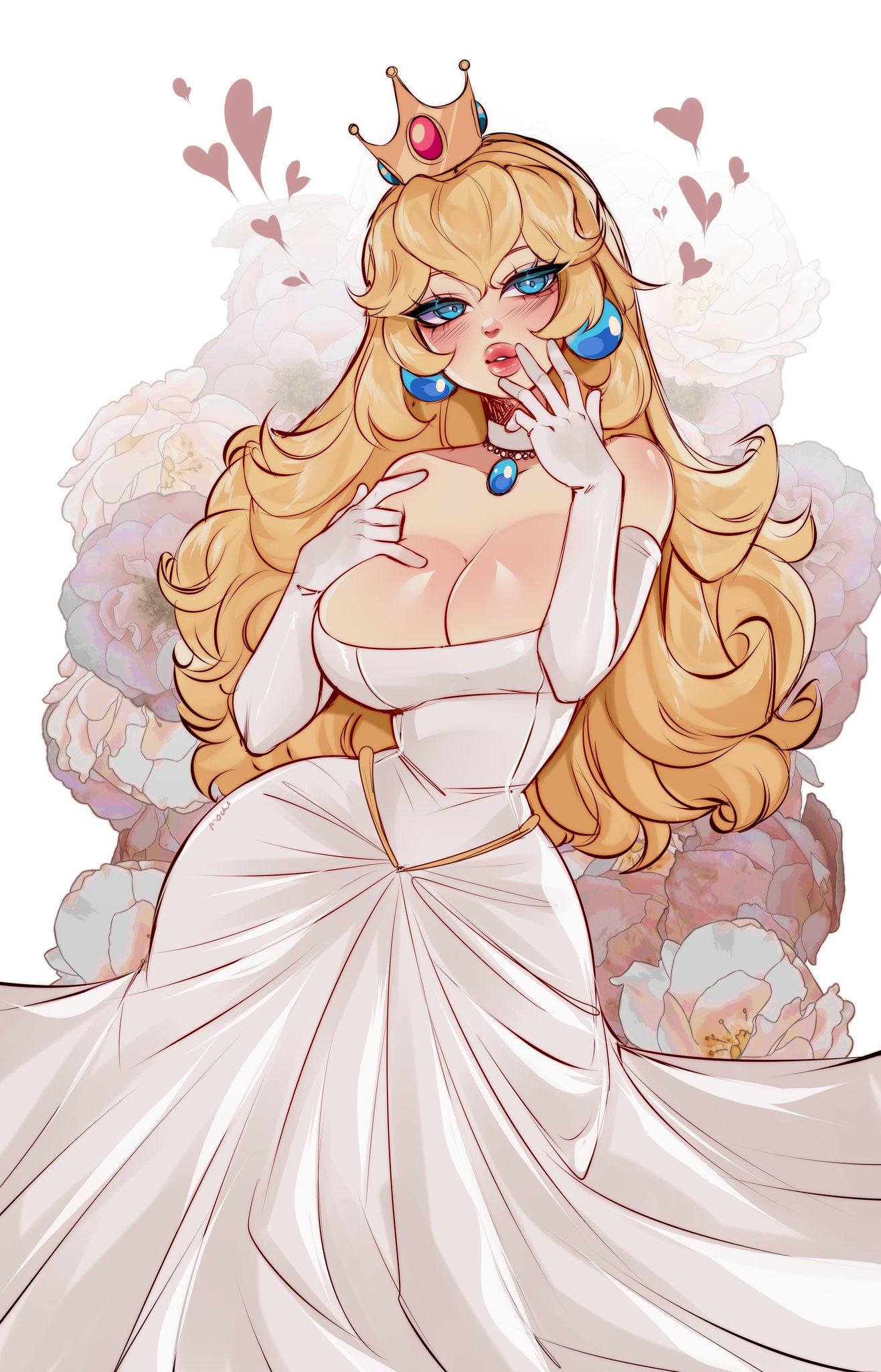 female, female only, fully clothed, heart, lipstick, mario (series), pink lipstick, princess peach, puckered lips, rebthgin, seductive look, solo, wedding dress