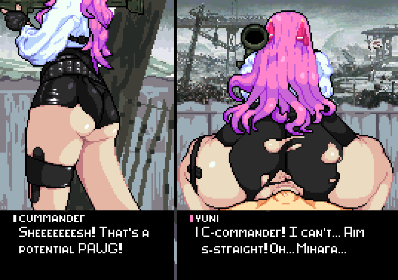 all_the_way_to_the_base anus anus_peek baldur_89 balls_deep big_ass commander_(nikke) dialogue goddess_of_victory:_nikke instant_loss_2koma pink_hair pixel_art pov reverse_cowgirl_position ribbon shortstack veiny_penis yuni_(nikke)