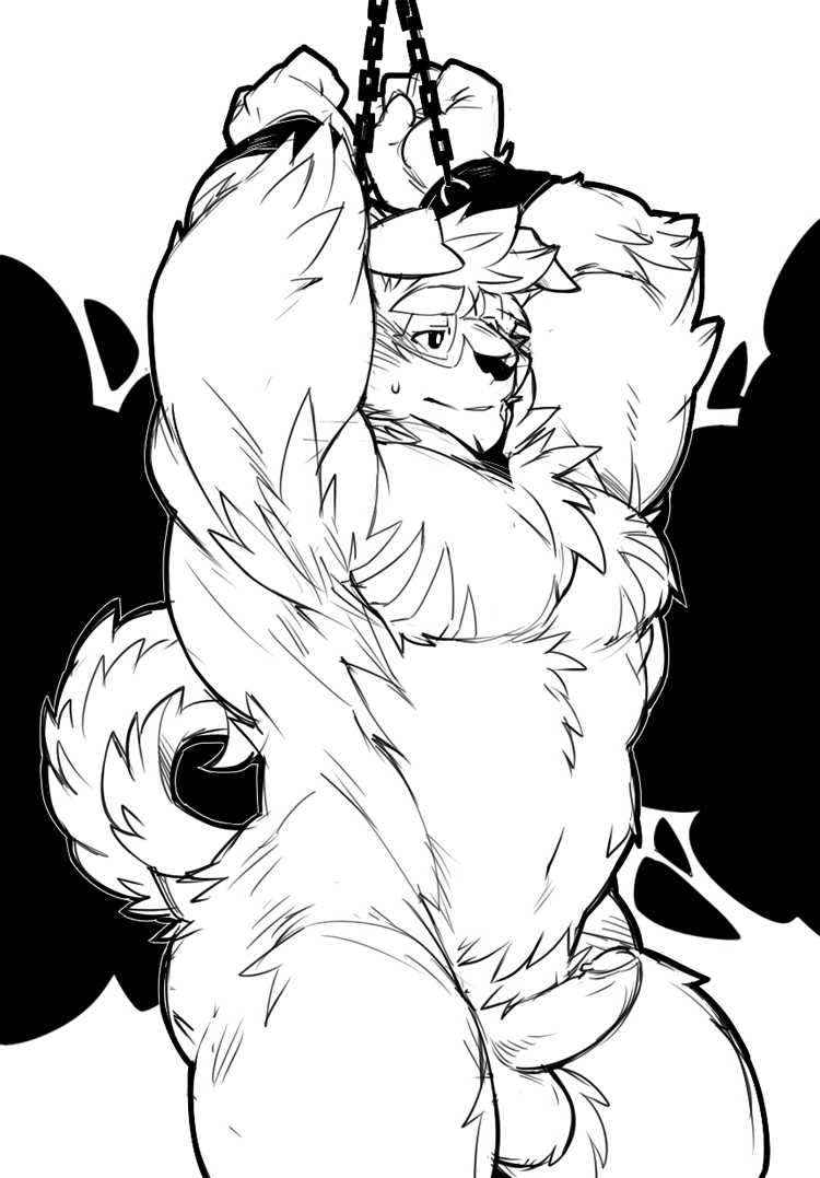 anthro biceps big_muscles black_and_white canine chest_tuft fur furry furry_only joey kokuhane male male_only mammal monochrome muscles pecs penis strong tuft