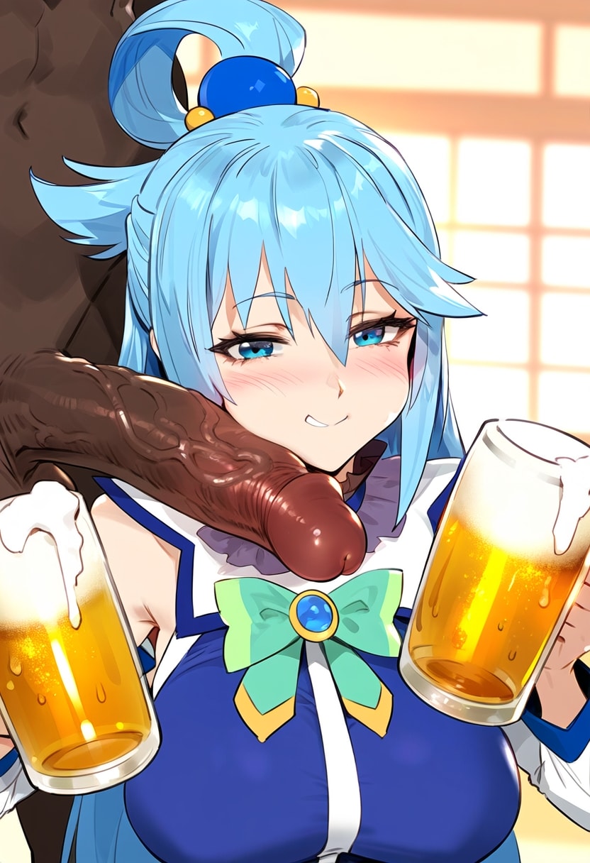 1boy, 1girls, ai generated, alcohol, aqua (konosuba), bangs, bare shoulders, beer, beer mug, blue eyes, blue hair, blush, bow, breasts, clothing, cup, curvaceous, curvaceous female, curvaceous figure, curvy, curvy figure, dark skin, dark-skinned male, detached sleeves, drink, erection, female, female focus, green bow, grin, hair between eyes, hair ornament, hair rings, holding, holding cup, interracial, kono subarashii sekai ni shukufuku wo!, large breasts, large penis, light skin, light-skinned female, long hair, looking at viewer, male, mug, nakatori, penis, shirt, smile, solo focus, straight, tied hair, uncensored, upper body, veins, veiny penis, voluptuous, voluptuous female