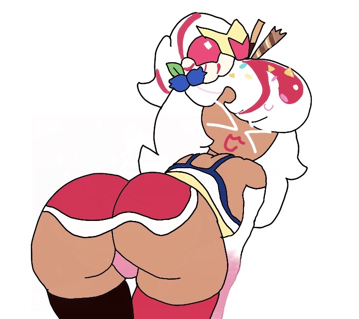 :3d ass ass_focus cat_smile cookie_run cookie_run_kingdom cowboy_shot hair_ornament looking_at_viewer looking_back mismatched_legwear parfait_cookie pink_panties tagme upskirt white_background white_hair