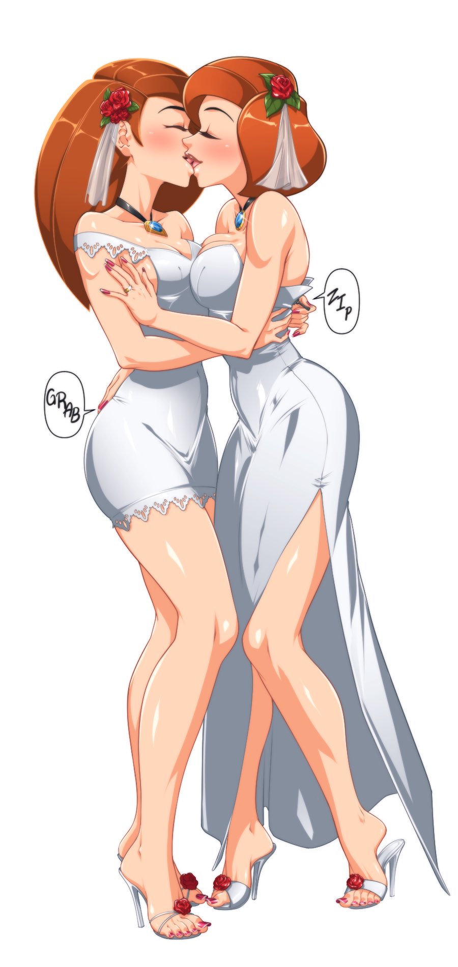 2girls ann_possible bare_legs bride_and_bride cleavage collar couple couple_(romantic) daughter duo female female_only french_nails fully_clothed grabbing_ass high_heels human imminent_sex incest kim_possible kimberly_ann_possible kissing light-skinned_female light_skin long_dress long_fingernails long_hair long_nails married_couple minidress mother mother_and_daughter multiple_girls nail_polish omiiverse onomatopoeia orange_hair painted_fingernails painted_nails painted_toenails short_hair wedding wedding_dress wedding_ring wedding_veil white_background white_clothing wife wife_and_wife yuri