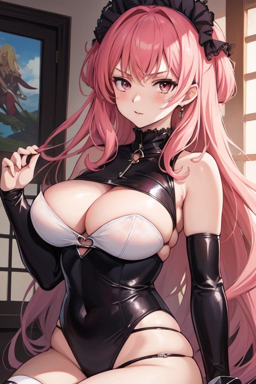 ai_generated belly_button big_breasts breasts clothing earrings female female_only hair_ornament leather lingerie looking_at_viewer pink_hair red_eyes twirling_hair