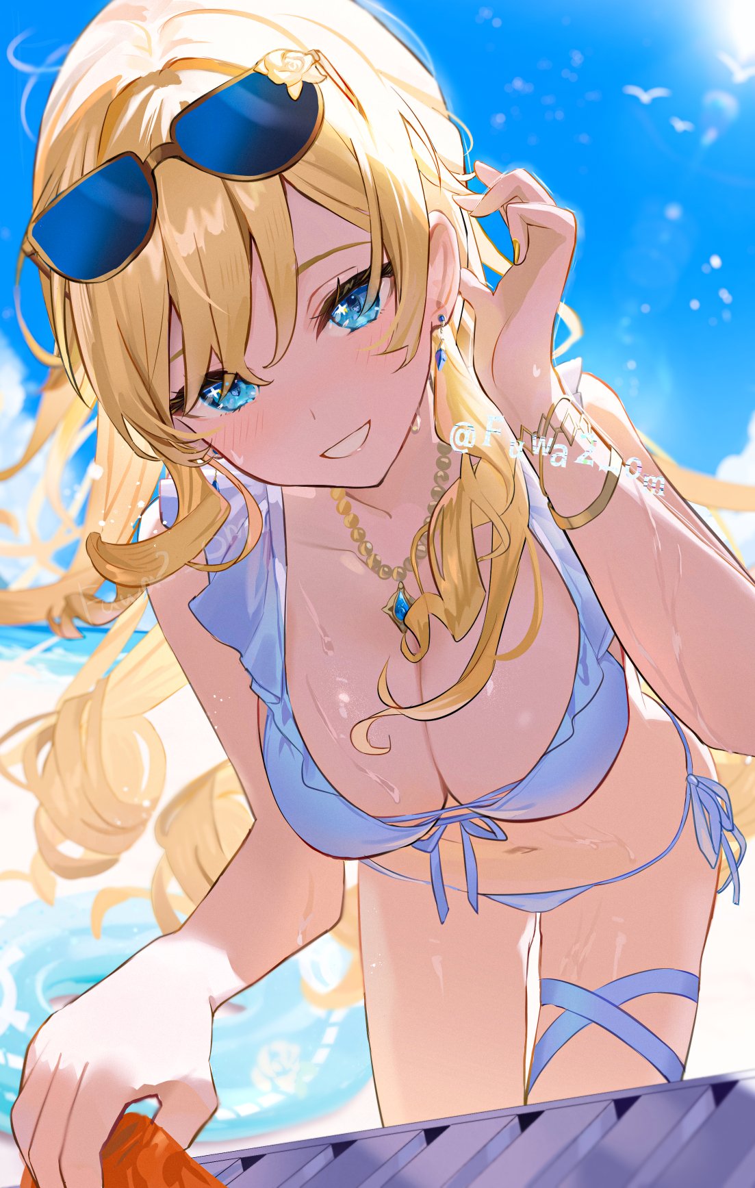 1girls, 2d, 2d (artwork), alternate costume, big breasts, bikini, blonde hair, blue eyes, bra, breasts, cleavage, clouds, day, female, female focus, female only, front view, fuwa2, genshin impact, high resolution, highres, hoyoverse, light skin, light-skinned female, long hair, mihoyo, navia (genshin impact), outdoors, sky, slim female, smiling, smiling at viewer, solo, solo female, solo focus, summer, sun, sunglasses, sunglasses on head, swimsuit, thong, thong bikini, wet, wet body, white bikini, white bikini bottom, white bikini top, young, younger female