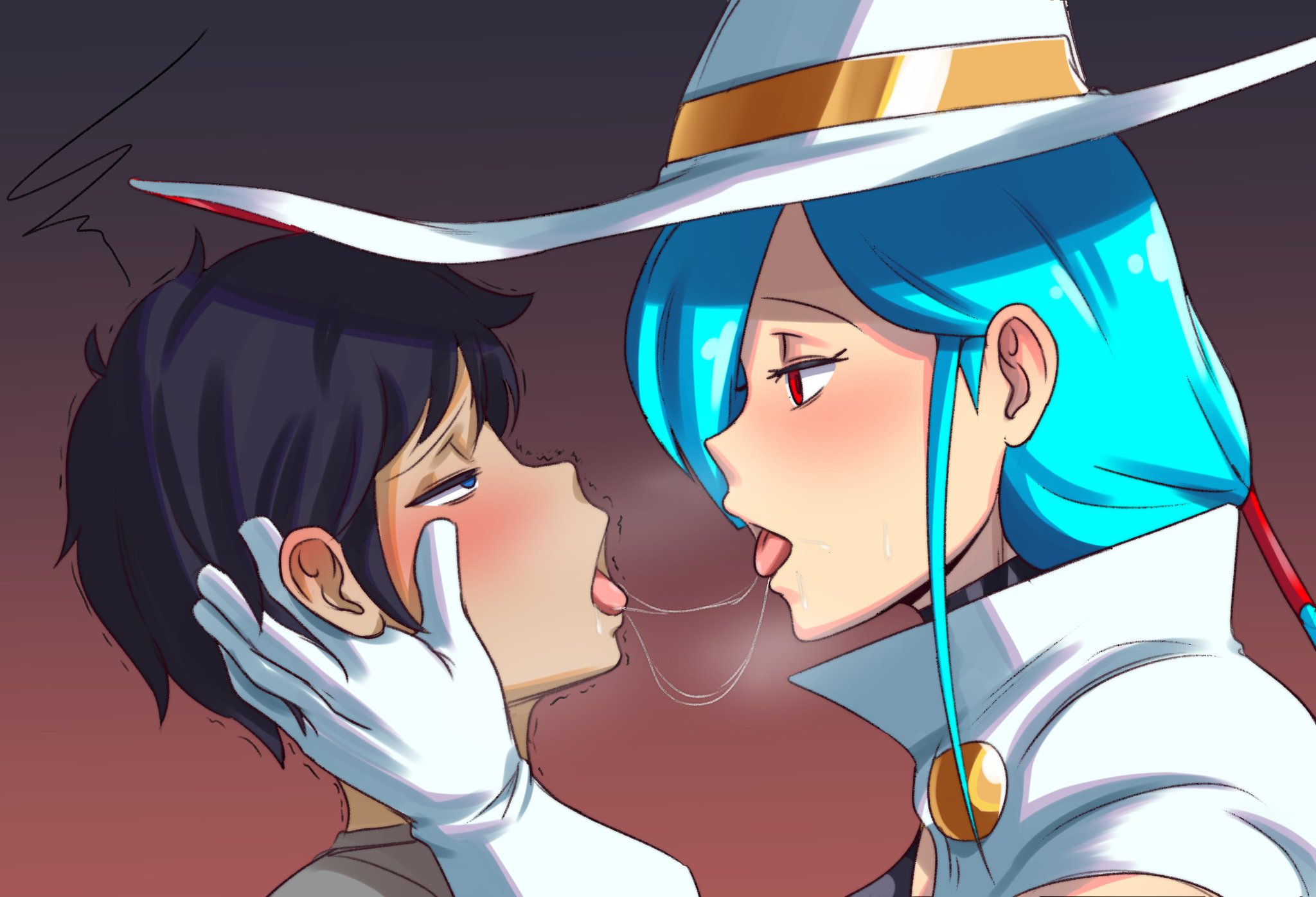 1boy, 1girls, barely clothed, big breasts, black hair, blue hair, breasts, cape, choker, cyan hair, female, heart, kissing, male, nonosamu, oc, older female, original, original character, red eyes, saliva, saliva trail, sex witch (nonosamu), witch, witch hat, younger male