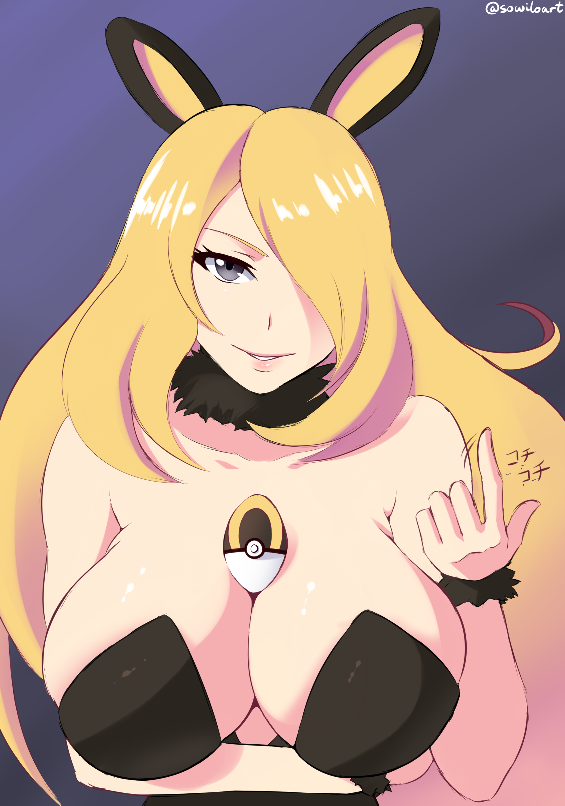 1girls, bare shoulders, between breasts, big breasts, blonde hair, blue background, breasts, bunny suit, choker, cleavage, clothed, cynthia (pokemon), eyelashes, fake ears, female, female only, grey eyes, hair over one eye, human, inviting, large breasts, long hair, looking at viewer, motion lines, nintendo, pokemon, pokemon dppt, smile, solo, sowilo, standing, sweatband, teeth, text, ultra ball, watermark