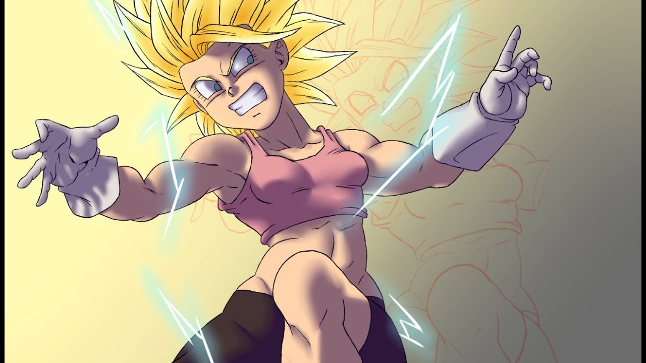 1girls abs artist_request big_breasts bra bra_(dragon_ball) breasts dragon_ball dragon_ball_multiverse electricity fighting gloves gray_background grey_background muscular muscular_female short_shorts shorts son_bra source_request super_saiyan super_saiyan_2 tagme tagme_(artist) yellow_background