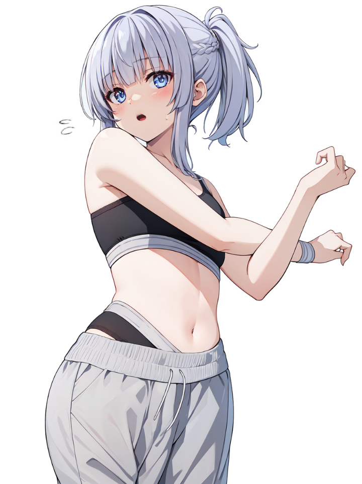 1girls ai_generated belly_button classroom_of_the_elite female sakayanagi_arisu schoolgirl sports_bra stretching sweatpants white_background white_hair wsax