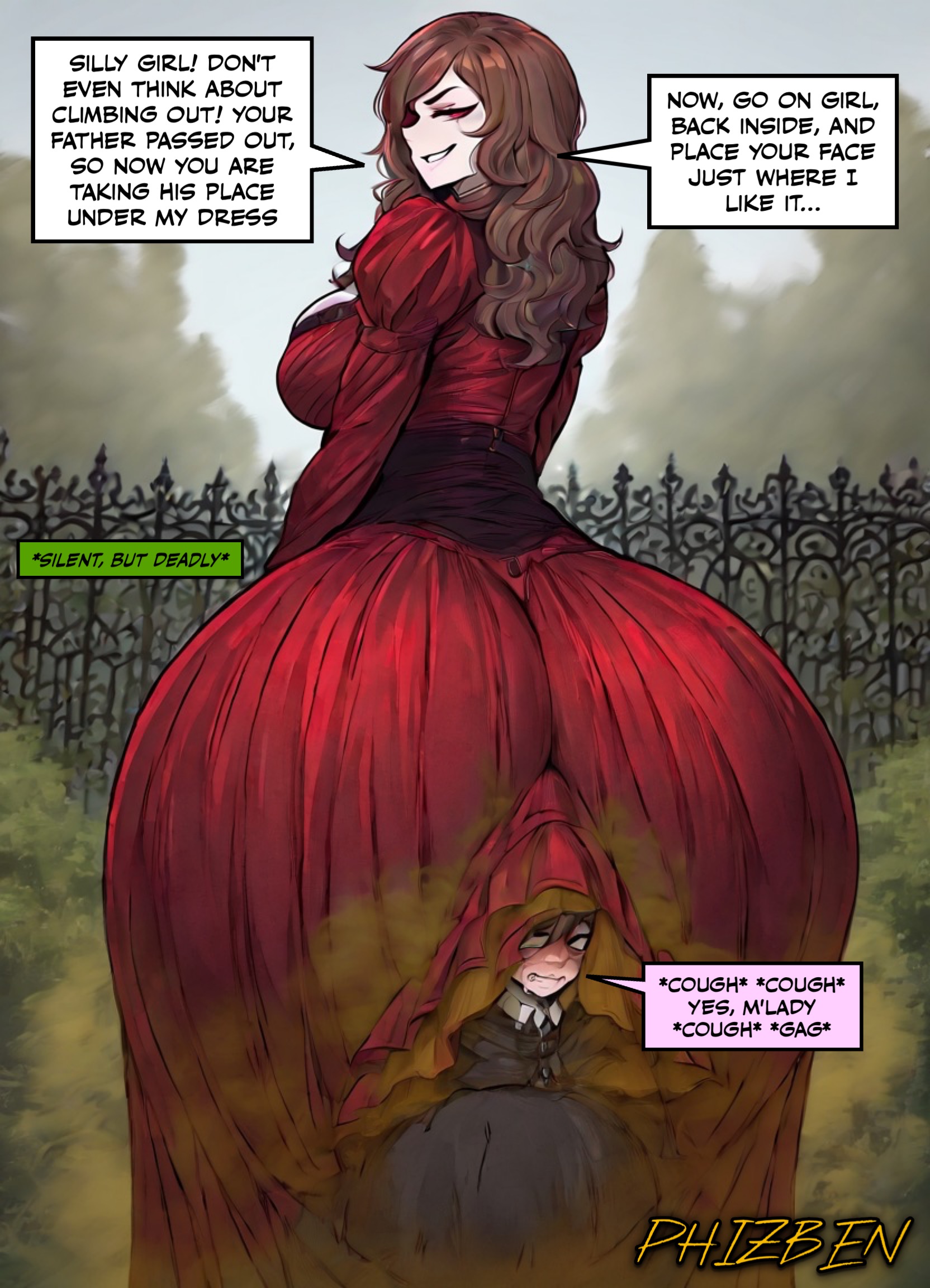2girls, ai art, ai generated, ass worship, big ass, butt worship, caption, dialogue, dominant female, dutch oven, face in ass, fart, fart cloud, fart fetish, fart torture, fart,, farting in face, farting on another, farting on face, farting,, farts, female, huge ass, onomatopoeia, original character, phizben, story, submissive female, victorian dress, victorian era, victorian lady, victorian maid, word balloon