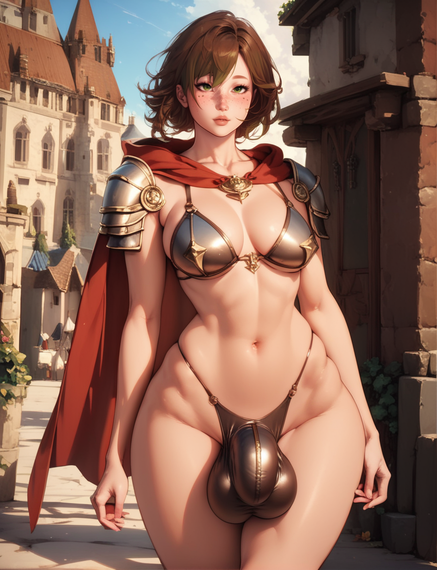 1futa ai_generated armor balls_bigger_than_penis blush brown_hair buldge bulge fantasy freckles futa_only futanari large_balls large_testicles leather_thong metal_bra red_cape shoulder_armor shunkadooai solo thick_thighs wide_hips