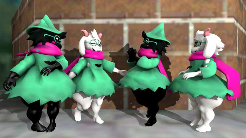 3d 3d_(artwork) 4girls animal_ears barefoot closed_eyes deltarune destroyerflamevs dress furry furry_female glasses goat_ears goat_horns green_dress green_headwear hat horns looking_at_another multiple_girls pink_scarf ralsei scarf smile standing