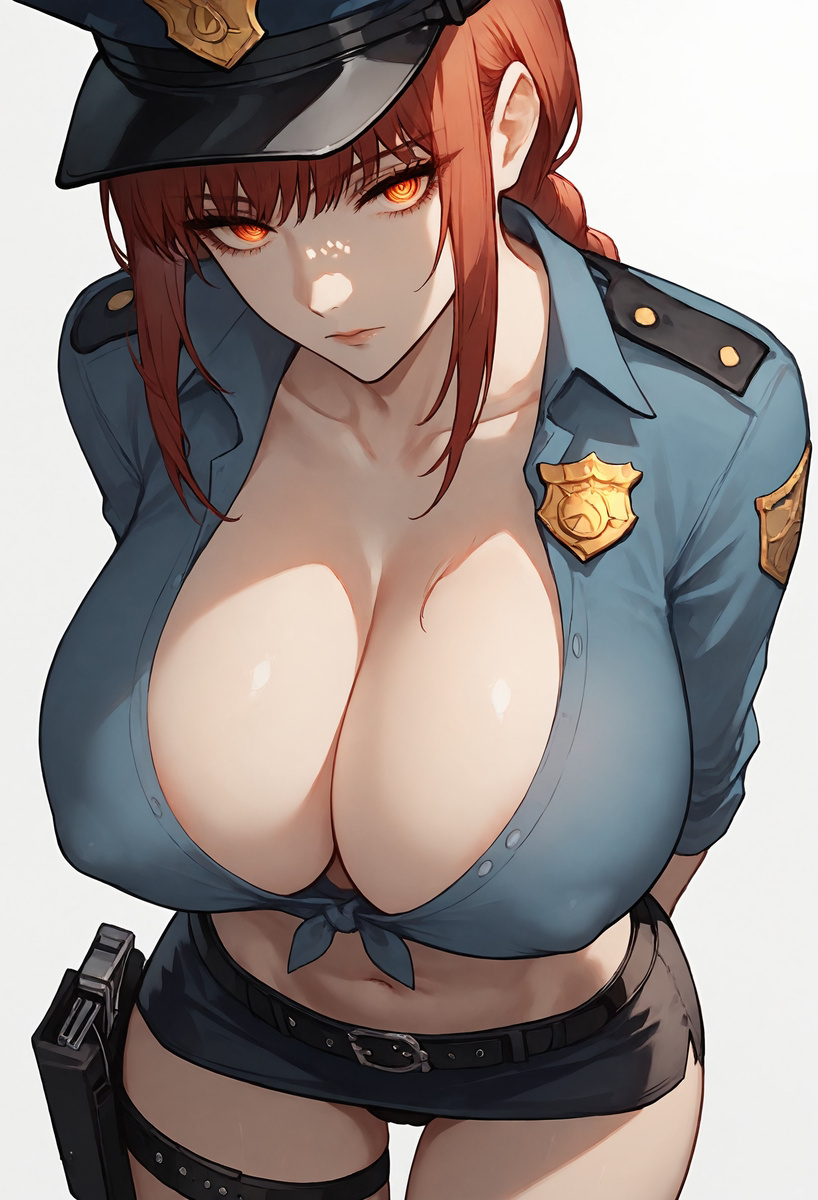 ai generated, bare legs, braided ponytail, breasts, chainsaw man, demon, demon girl, female, flyingpancake, gigantic breasts, hhtc, huge breasts, light skin, light-skinned female, looking at viewer, makima (chainsaw man), massive breasts, miniskirt, police uniform, policewoman, red hair, shounen jump, solo female, thick thighs, thighs, voluptuous, voluptuous female, yellow eyes