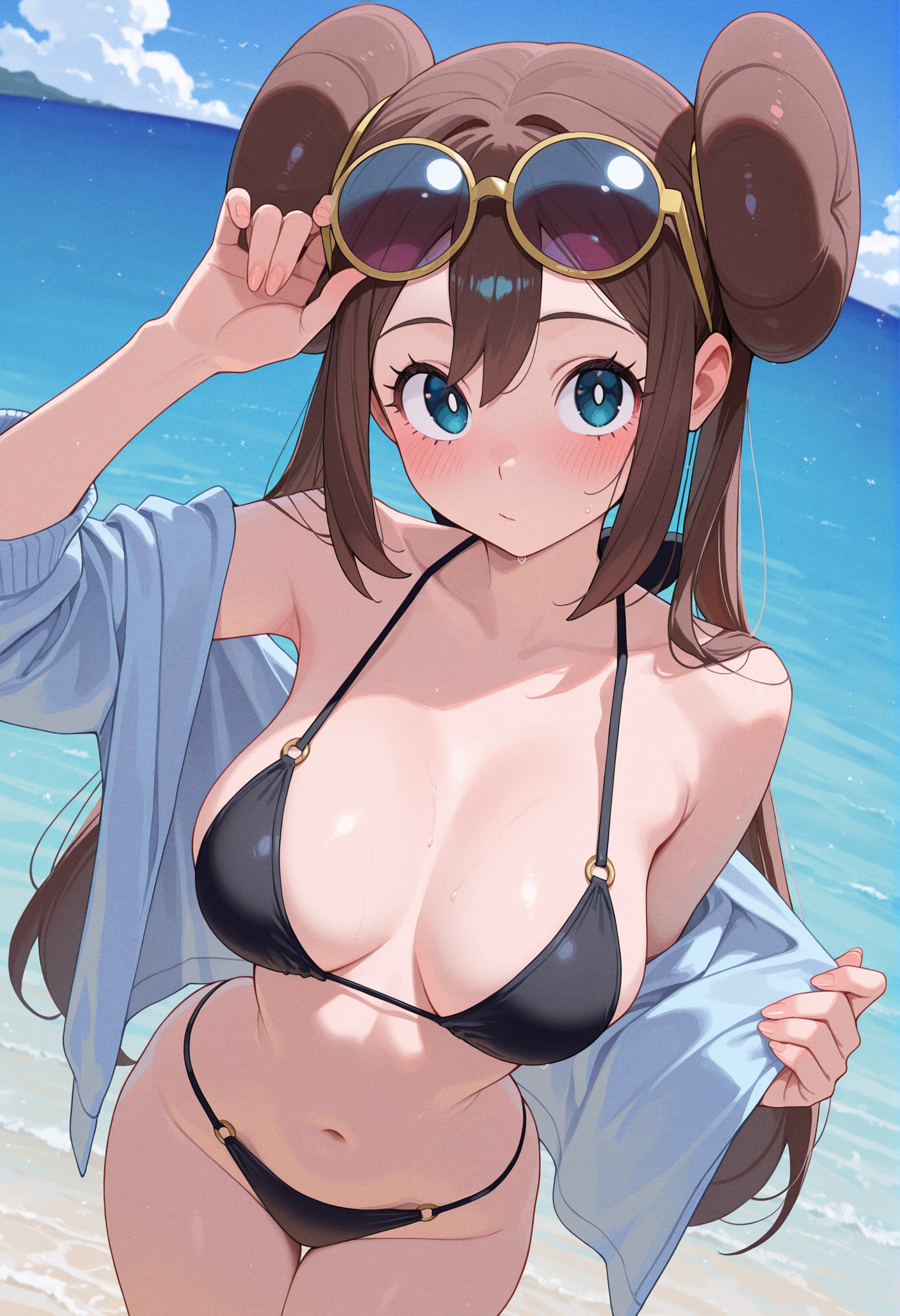 1girls, ai generated, bangs, bare shoulders, beach, bikini, black bikini, blue eyes, blush, breasts, brown hair, cleavage, collarbone, day, double bun, eyewear on head, female, game freak, halterneck, large breasts, long hair, looking at viewer, navel, nintendo, ocean, open clothes, outdoors, owari wan, pokemon, pokemon bw2, rosa (pokemon), sky, stomach, string bikini, sunglasses, swimsuit, thigh gap, water, wet