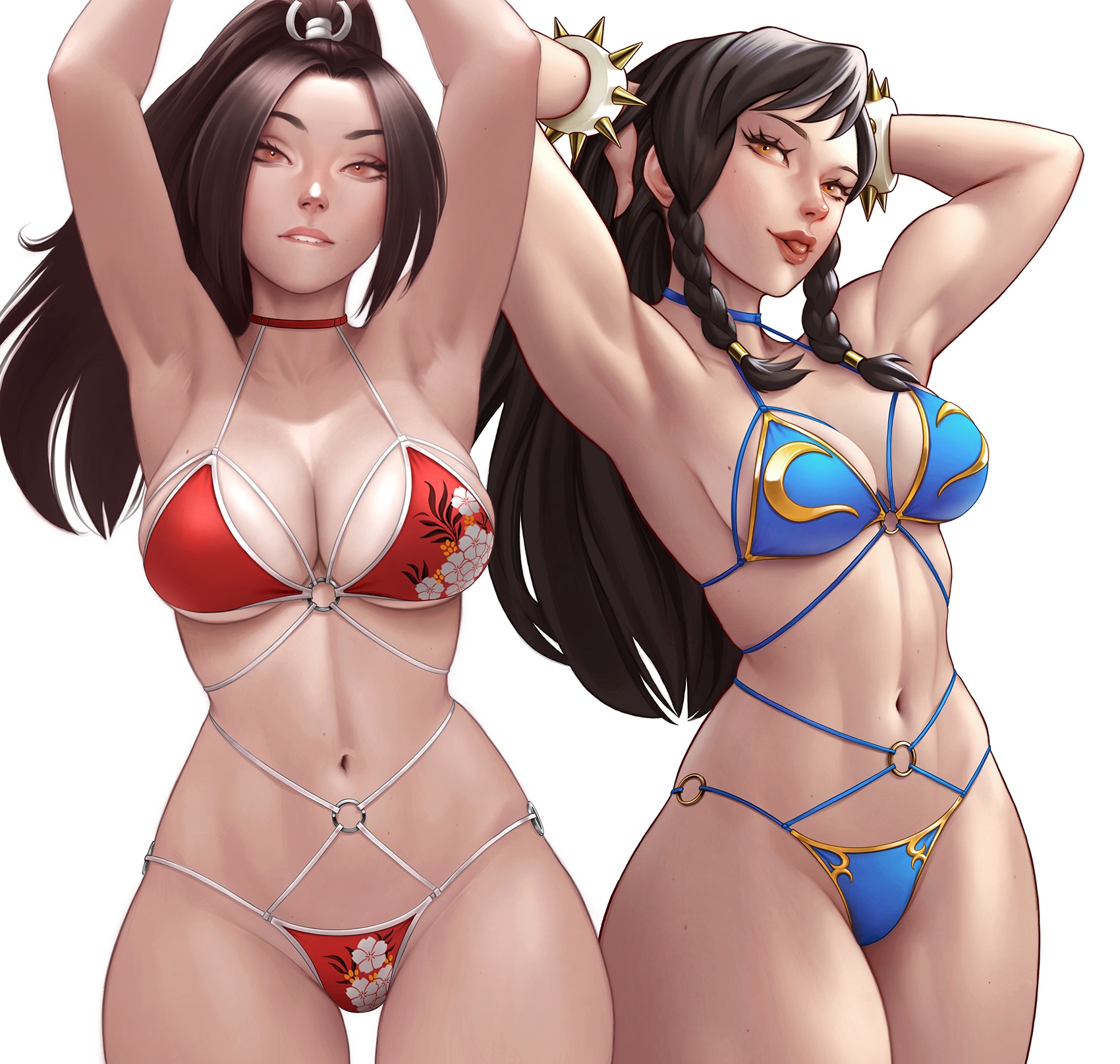 2girls, armpits, arms up, big breasts, bikini, biting own lip, black hair, blue bikini, blue choker, bracelet, bracelets, braid, braided sidelocks, breasts, brown eyes, brown hair, capcom, chinese female, choker, chun-li, collarbone, commentary, cowboy shot, crossover, english commentary, fatal fury, female torso, floral print, floral print bikini, gold trim, hand in own hair, high ponytail, highres, japanese female, jewelry, king of fighters, large breasts, long hair, looking at viewer, mai shiranui, mole, mole on breast, motoyui, multiple girls, navel, o-ring, o-ring bikini, parted bangs, ponytail, posing, print bikini, purple eyes, questionable, red bikini, red choker, side-by-side, snk, spiked bracelet, spikes, stomach, street fighter, street fighter 6, string bikini, suddakka, swimsuit, tongue, tongue out, white background