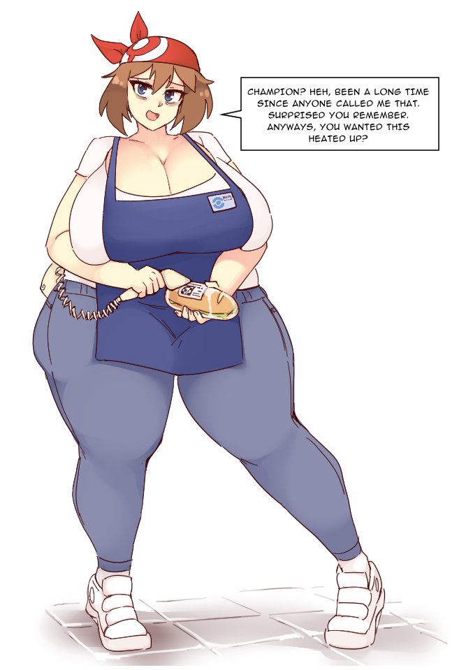 apron big_breasts breasts huge_breasts mature_female may_(pokemon) pokemon pokemon_rse rtil smile talking_to_viewer thighs wide_hips