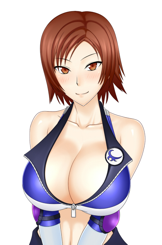 1girls, alternate breast size, asian, asian female, big breasts, blush, breasts, brown eyes, brown hair, do konjouuo, elbow gloves, elbow pads, female, female only, happy, japanese female, kazama asuka, large breasts, namco, simple background, sleeveless, smile, smiling, solo, tekken, tomboy, unzipped, white background, zipper