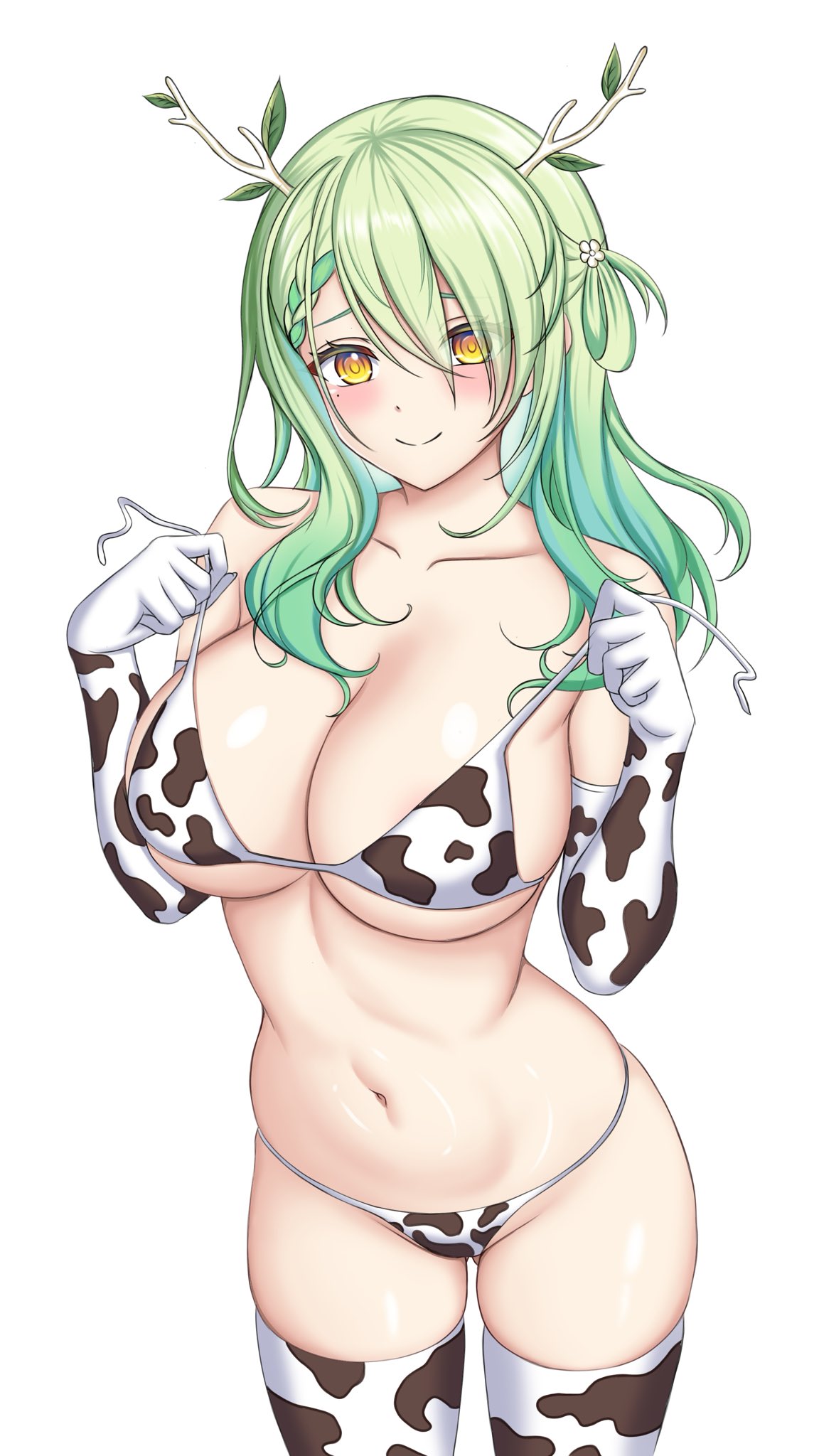 1girls 2d 2d_(artwork) alternate_costume artist_request belly_button big_breasts bikini bikini_bottom bikini_top blush bra ceres_fauna cow_bikini cow_gloves cow_print cow_thighighs female female_focus female_only front_view gloves green_hair hair_over_one_eye high_resolution highres hololive hololive_english horns hourglass_figure huge_breasts kotoritoriri light-skinned_female light_skin long_gloves long_hair looking_at_viewer mole mole_under_eye navel revealing_swimsuit simple_background slim_girl smiling smiling_at_viewer solo solo_female solo_focus swimsuit thighhighs thong thong_bikini two_piece_swimsuit virtual_youtuber vtuber vtuberfanart white_background yellow_eyes young younger_female