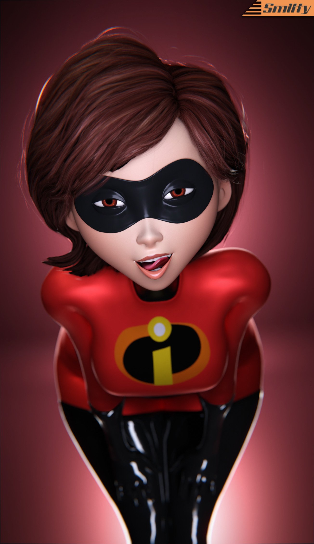 3d, breasts, brown hair, elastigirl, female, helen parr, leaning forward, licking lips, mask, mature, mature female, milf, mother, seductive, seductive eyes, seductive look, seductive smile, smitty34, superheroine, the incredibles, thick thighs, thigh highs, thighhighs, wide hips