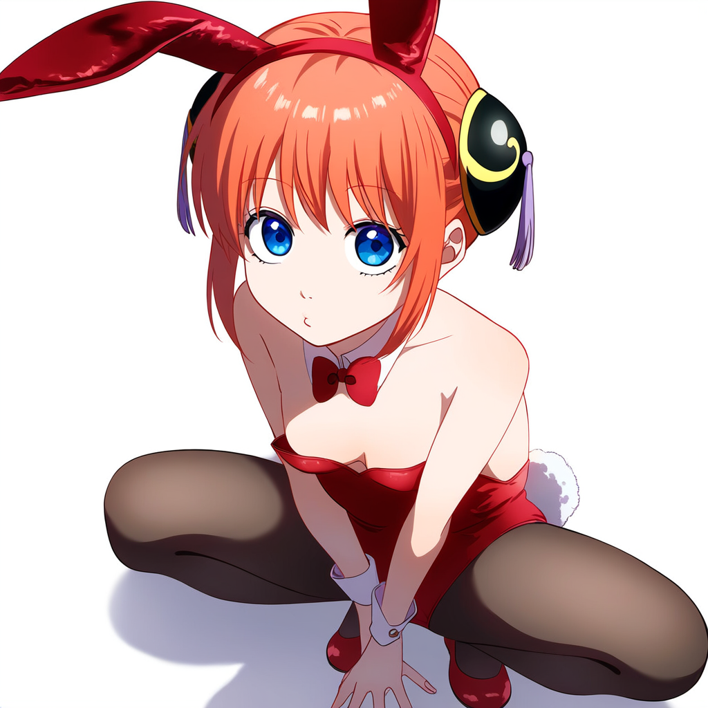 ai_generated alternate_costume angel_face_slut_ass blue_eyes bowtie bun_cover bunny_ears bunny_girl bunny_tail bunnysuit detached_collar double_bun female female_only fertile_age full_body gintama hair_ornament high-angle_view kagura_(gintama) looking_at_viewer orange_hair pale-skinned_female pale_skin pantyhose playboy_bunny small_breasts solo squatting wrist_cuffs