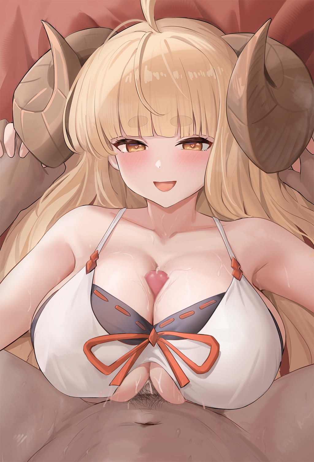 1boy ahoge anila_(granblue_fantasy) bikini blonde_hair blunt_bangs blush bra breasts cbmus cleavage commission draph female granblue_fantasy highres horns huge_breasts large_breasts long_hair looking_at_viewer open_mouth paizuri penis pixiv_commission sheep_horns short_eyebrows smile solo_focus swimsuit thick_eyebrows underwear very_long_hair white_bra yellow_eyes