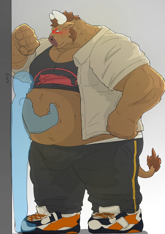 2024 anthro araiguma_11 bottomwear bovid bovine bulge cattle clothing duo kemono male mammal overweight overweight_male scar shirt shorts size_difference topwear