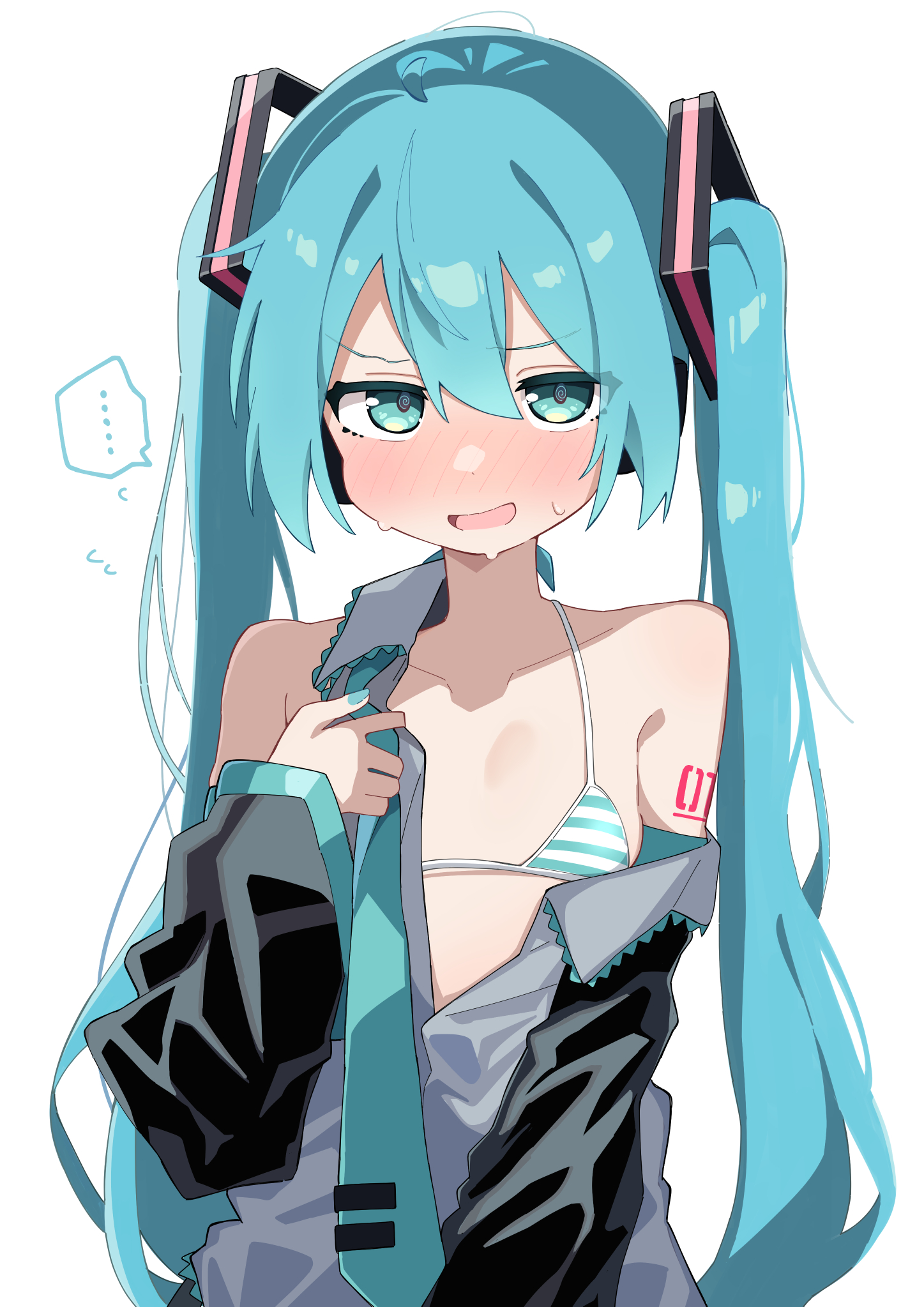 ..., 1girl, 1girls, aqua eyes, aqua hair, aqua nails, aqua necktie, bare shoulders, bikini, black sleeves, blue eyes, blue hair, blush, bra, breasts, collarbone, detached sleeves, dj maud0210, female, grey shirt, hair ornament, hatsune miku, long hair, looking at viewer, necktie, nervous, open clothes, open mouth, shirt, simple background, small breasts, smile, solo, solo female, speech bubble, striped, striped bikini, sweat, sweatdrop, swimsuit, tattoo, twintails, undressing, upper body, very long hair, vocaloid, white background