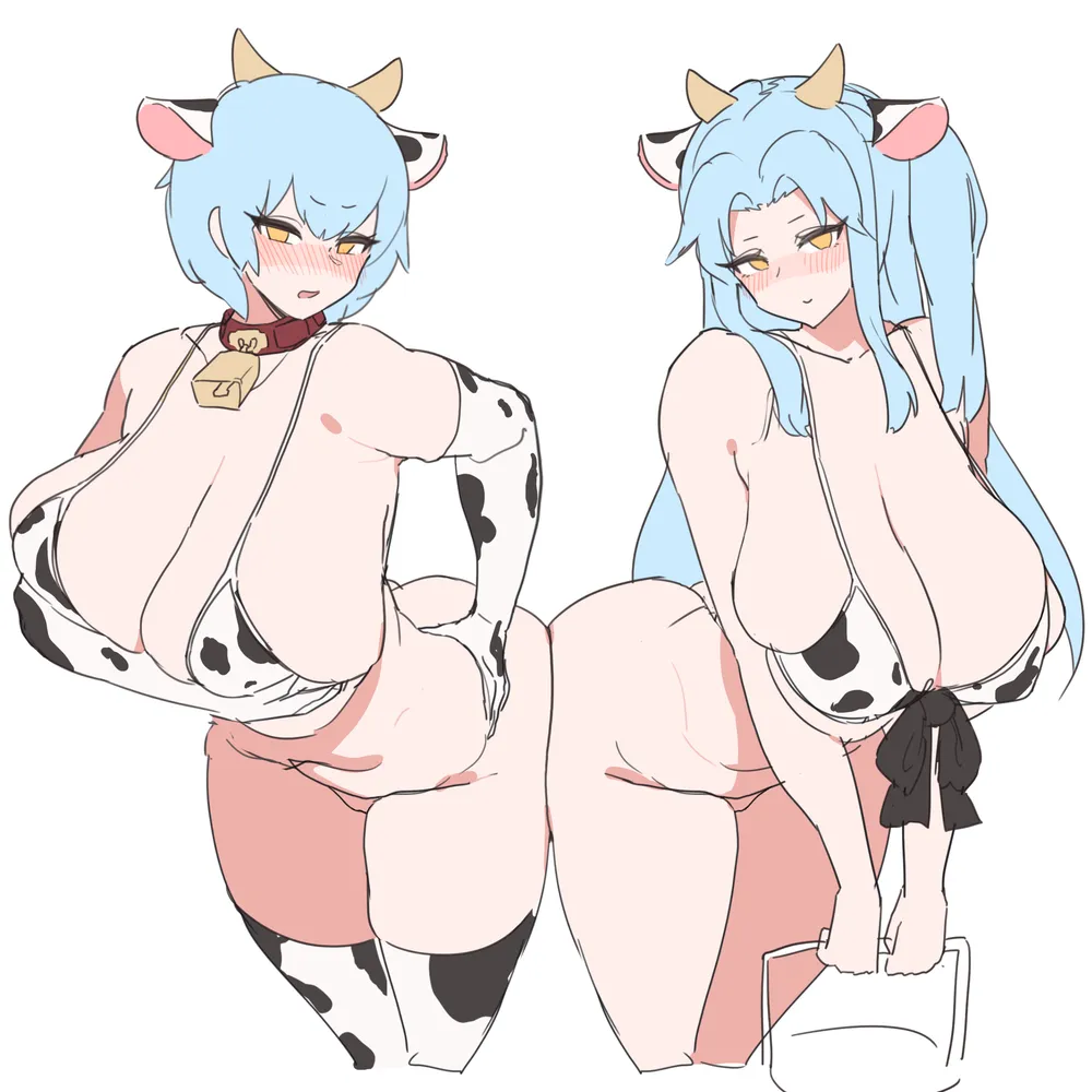 2d 2d_(artwork) 2d_artwork 2girls angela_(library_of_ruina) angela_(lobotomy_corporation) bell bell_collar big_ass big_breasts big_butt bikini blue_hair blush blushing_at_viewer breasts collar cow_bell cow_bell_collar cow_headband cow_horns cow_print cow_print_armwear cow_print_bikini cow_print_gloves cow_print_legwear cow_print_thighhighs digital_art digital_drawing digital_drawing_(artwork) digital_media digital_media_(artwork) digital_painting_(artwork) embarrassed embarrassed_female gloves gya_rb hi_res high_resolution highres library_of_ruina lobotomy_corporation long_hair project_moon short_hair side_ponytail squished_breasts thigh_highs thighhighs white_background yellow_eyes