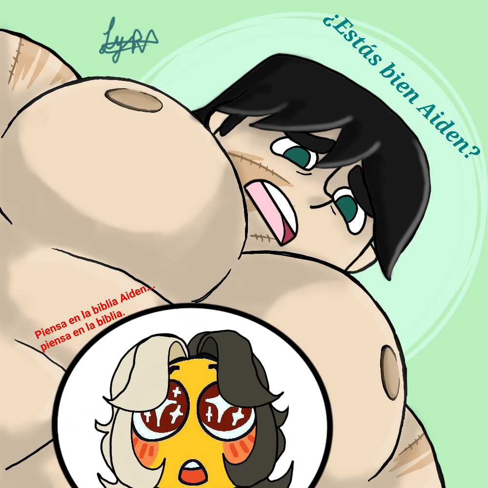 2boys aiden_(disventure_camp) big_muscles blush bottom_view dialogue disventure_camp fanart firecat_6 gay male_only odd_nation_cartoons pecs scars spanish_text starry_eyes tom_(disventure_camp) toony translation_request