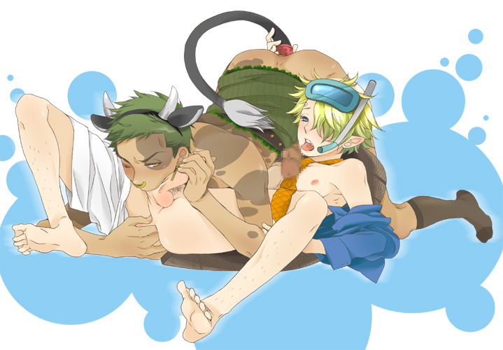 2boys 69 anal_fingering anal_insertion blonde_hair boy_cow buttplug_tail gay green_hair male male_only multiple_boys one_piece oral penis pixiv roronoa_zoro snorkel tail_plug vinsmoke_sanji webbed_toes what yaoi