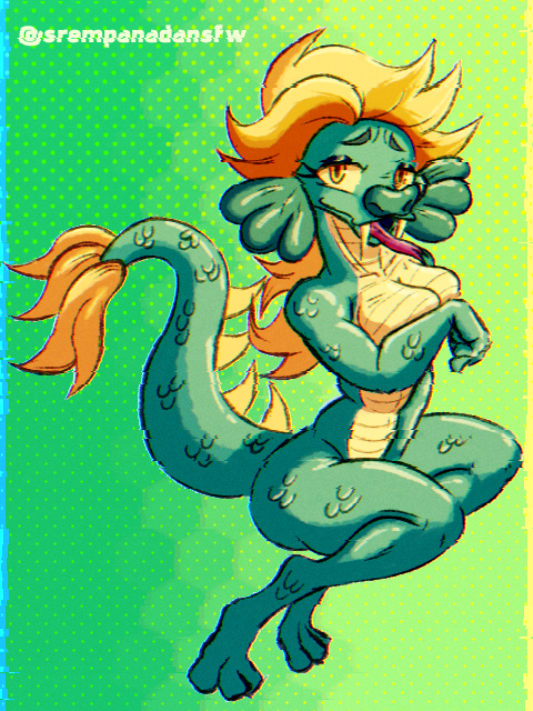 anthro big_fangs blonde_hair breasts covering covering_breasts fangs female finley_(indigo_park) green_body hair indigo_park looking_at_viewer mtf_crossgender multicolored_body nude open_mouth rule_63 scales sea_serpent solo sr_empanada teeth tongue yellow_eyes yellow_sclera