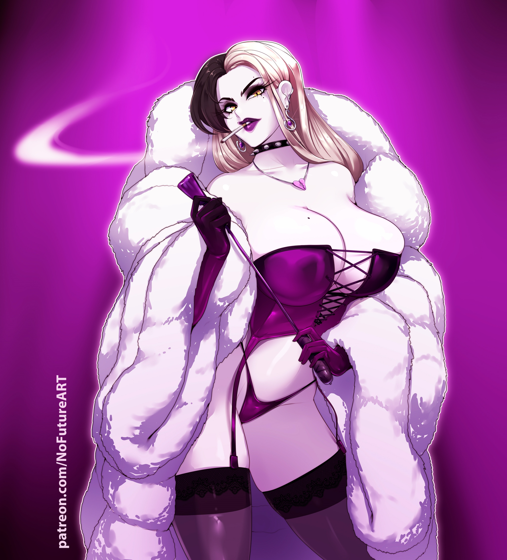 1girls, arm gloves, big breasts, blonde hair, breasts, brown hair, cigarette, commission, corset, dominatrix, earrings, female, female only, fur coat, garter straps, hi res, lingerie, long hair, looking at viewer, makeup, mole, mole on breast, nofuture, original, original character, purple clothing, purple lipstick, smoking, solo, spiked collar, stockings, thong, two-tone hair, whip, yellow eyes