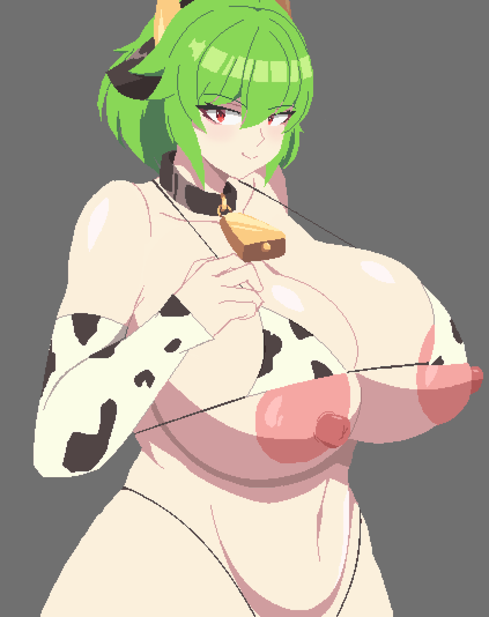 1girls areolae big_breasts breasts cow_ears cow_print cow_print_armwear cow_print_bikini cowbell green_hair grey_background light-skinned_female mature_female mionely nipples pink_nipples pixel_art red_eyes smile solo solo_female thick_thighs thighs touhou yuka_kazami yuuka_kazami